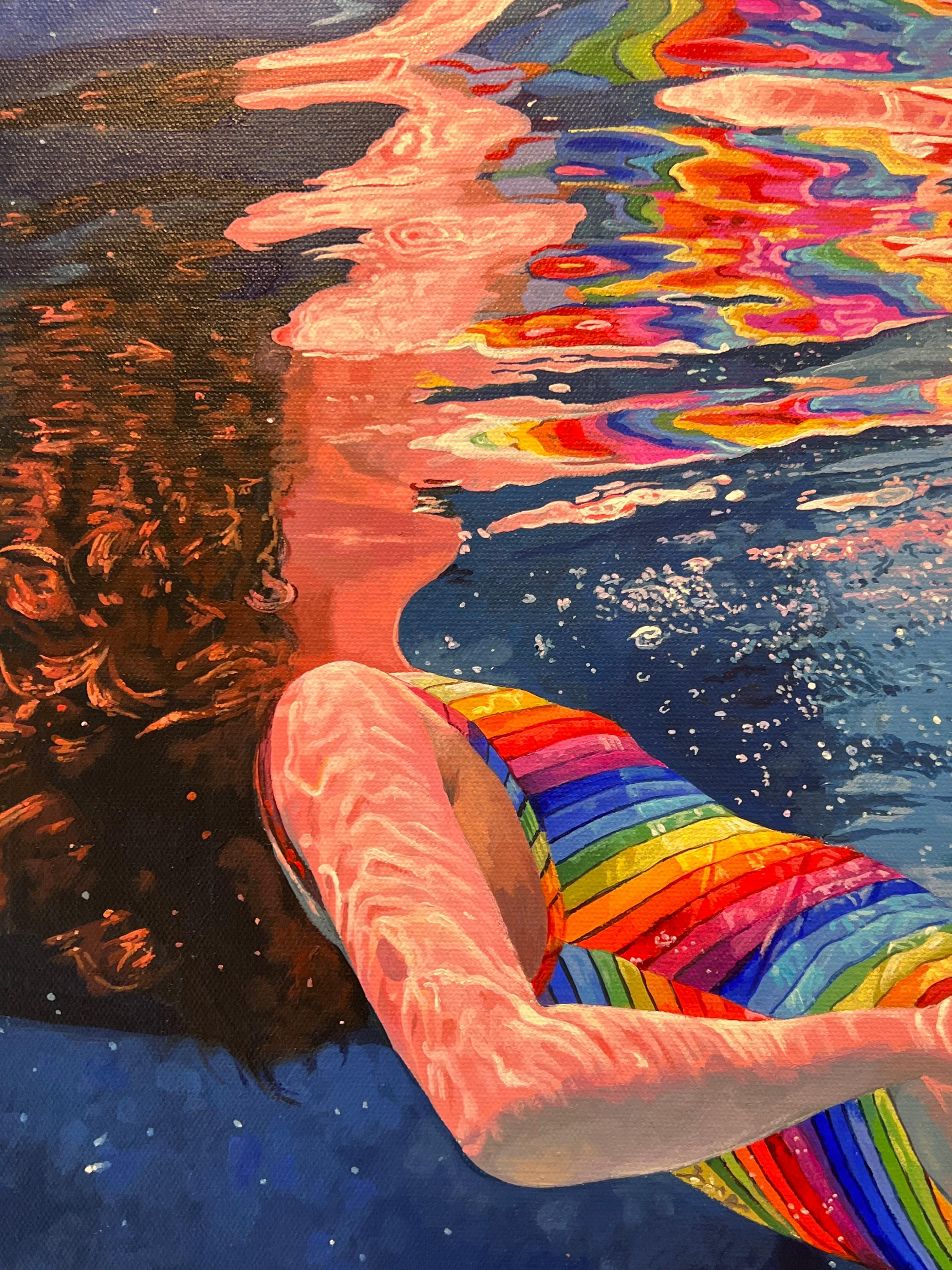 Reverie-original hyperrealistic figurative waterscape painting-contemporary art - Blue Portrait Painting by Abi Whitlock