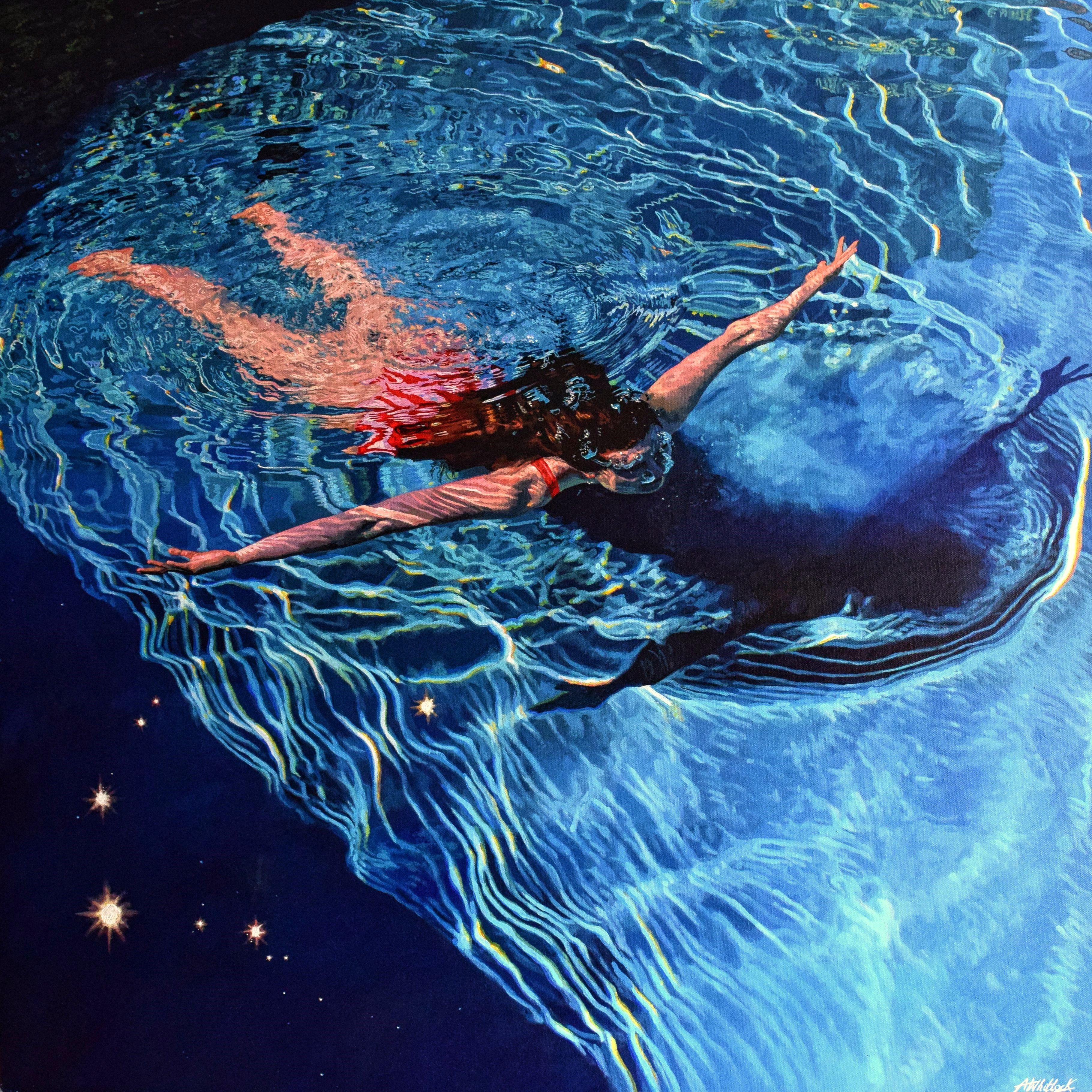 The swimmer slides through the cool depths, the water's surface breaking into a thousand rivulets of rainbow light behind her.    This work is painted on a gallery wrapped canvas. The painting continues around the edge and, therefore, it may be hung