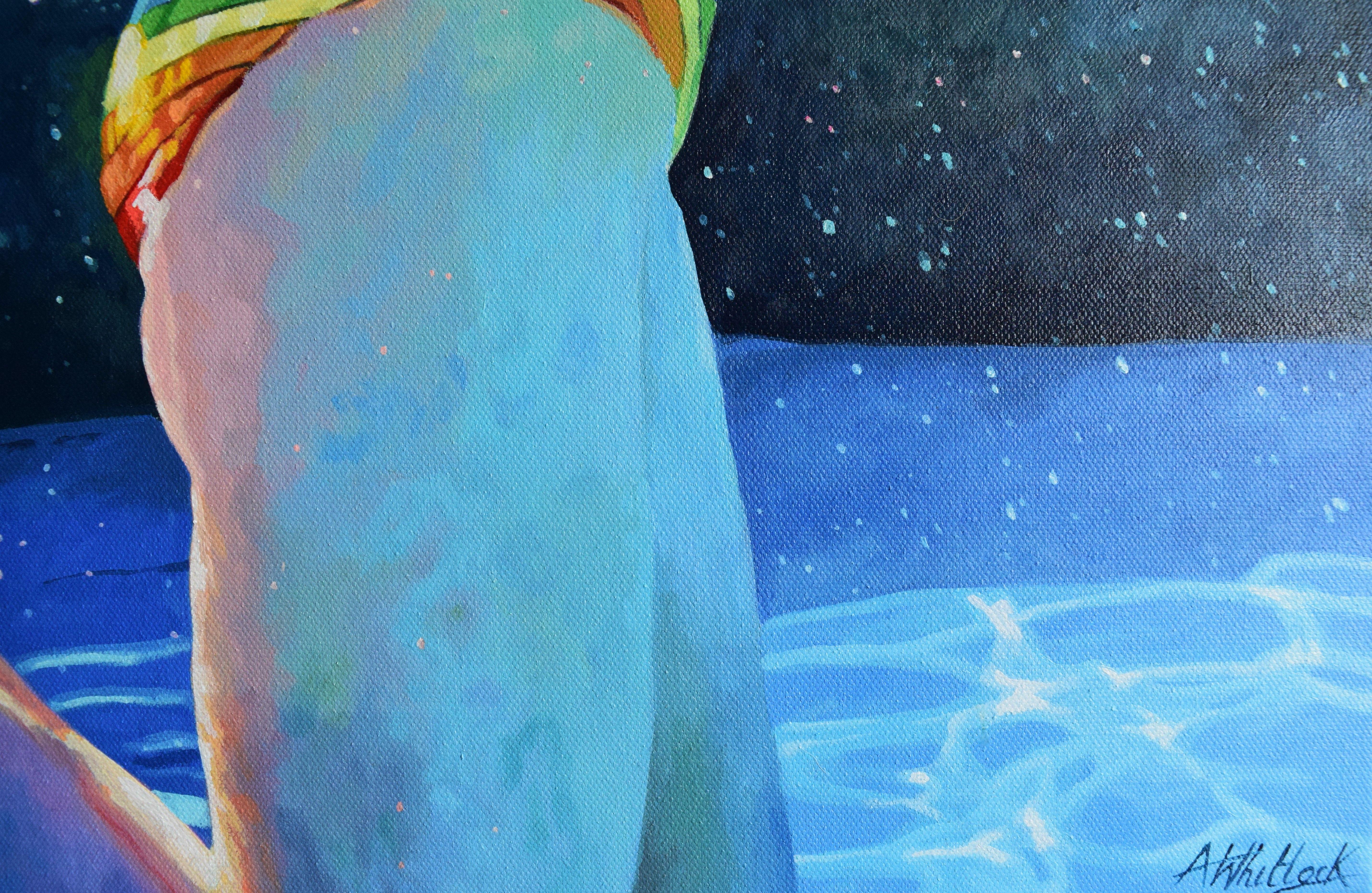 Die Schwimmerin erhebt sich aus der Tiefe, helle Rinnsale aus Regenbogenlicht spiegeln sich in seidenen Wellen auf ihr und fließen nach oben zur Wasseroberfläche.    Dieses Werk ist auf einer tiefgezogenen, in eine Galerie gewickelten Leinwand