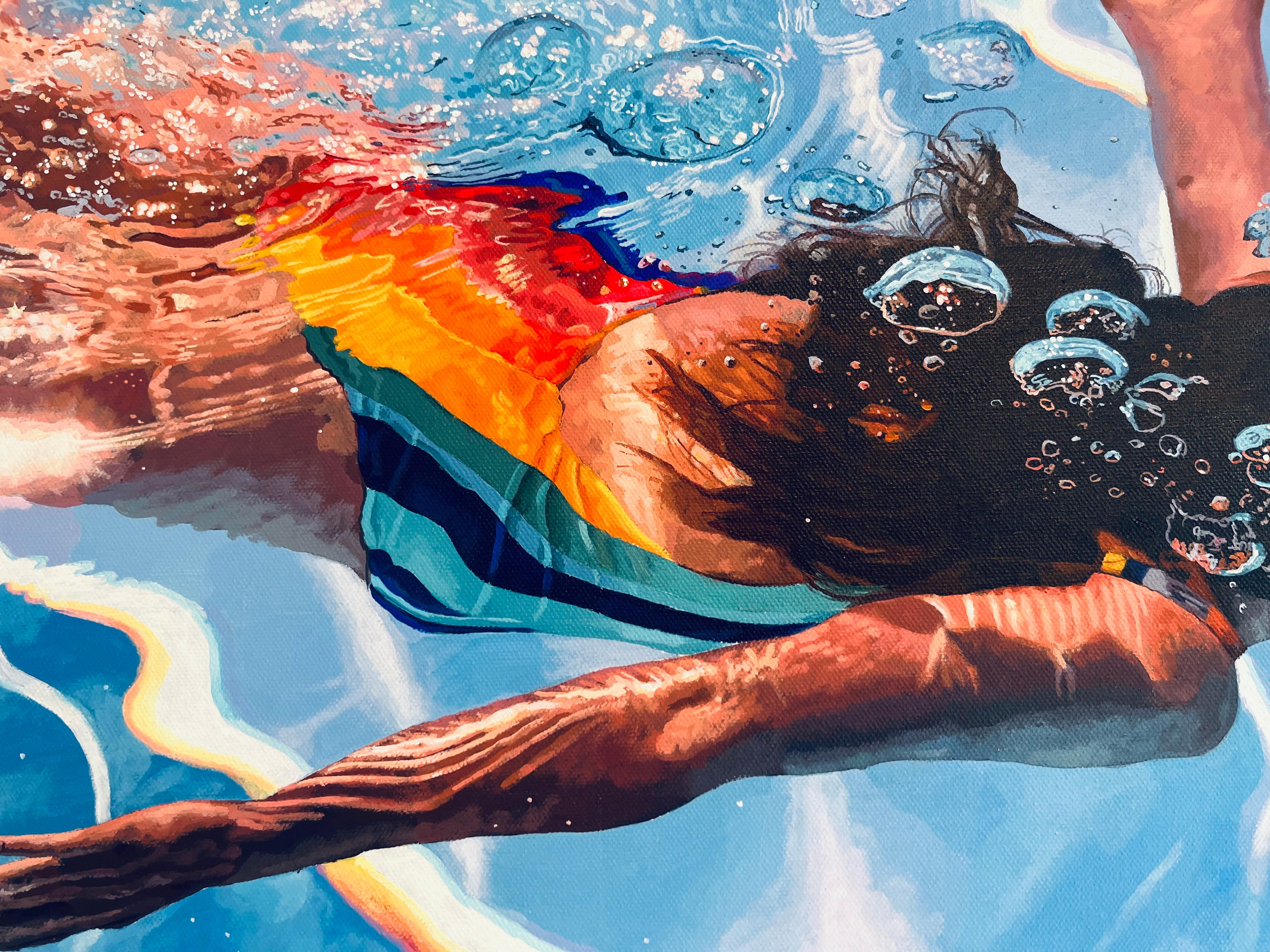 Unbound-original figurative hyperrealistic waterscape painting-contemporary art - Blue Portrait Painting by Abi Whitlock