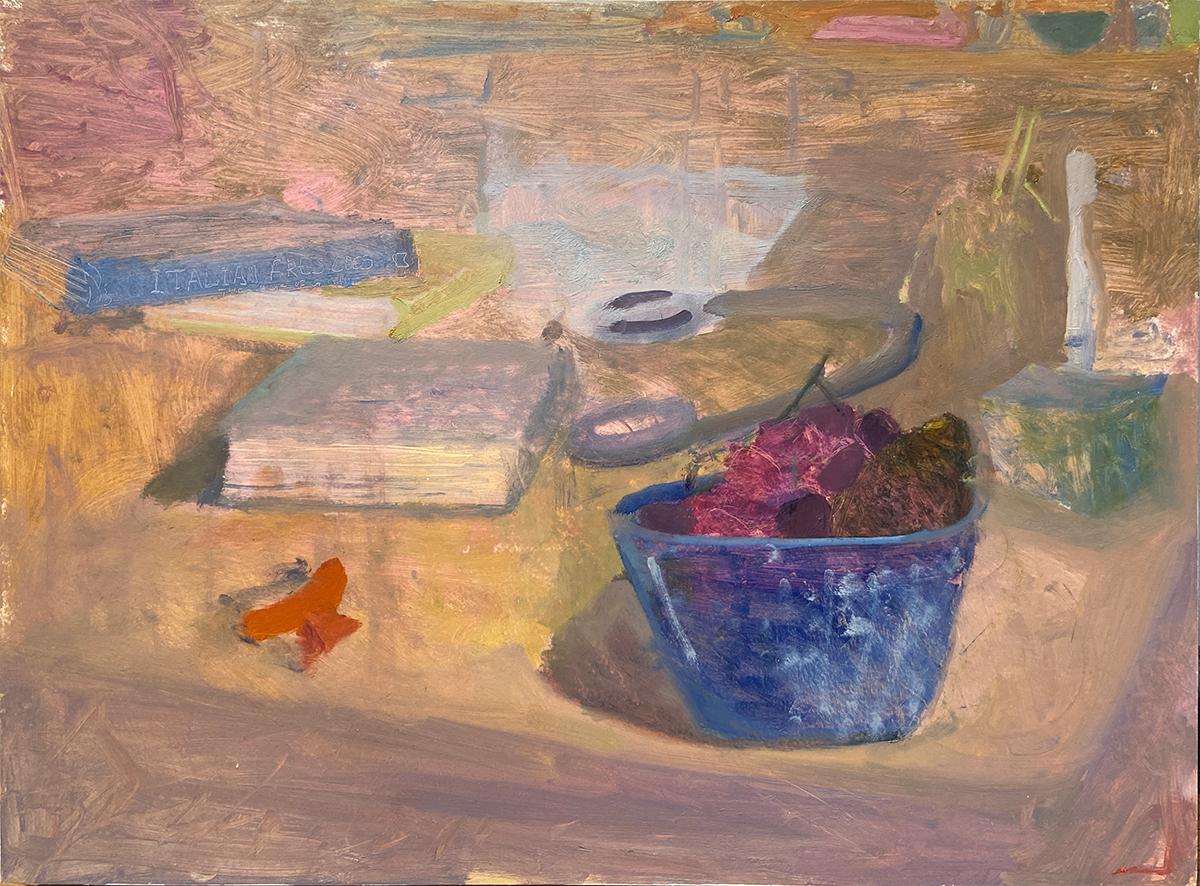 Abigail Dudley Still-Life Painting – Blaue Schale – Öl auf Tafel, zeitgenössisches Stillleben, 2022