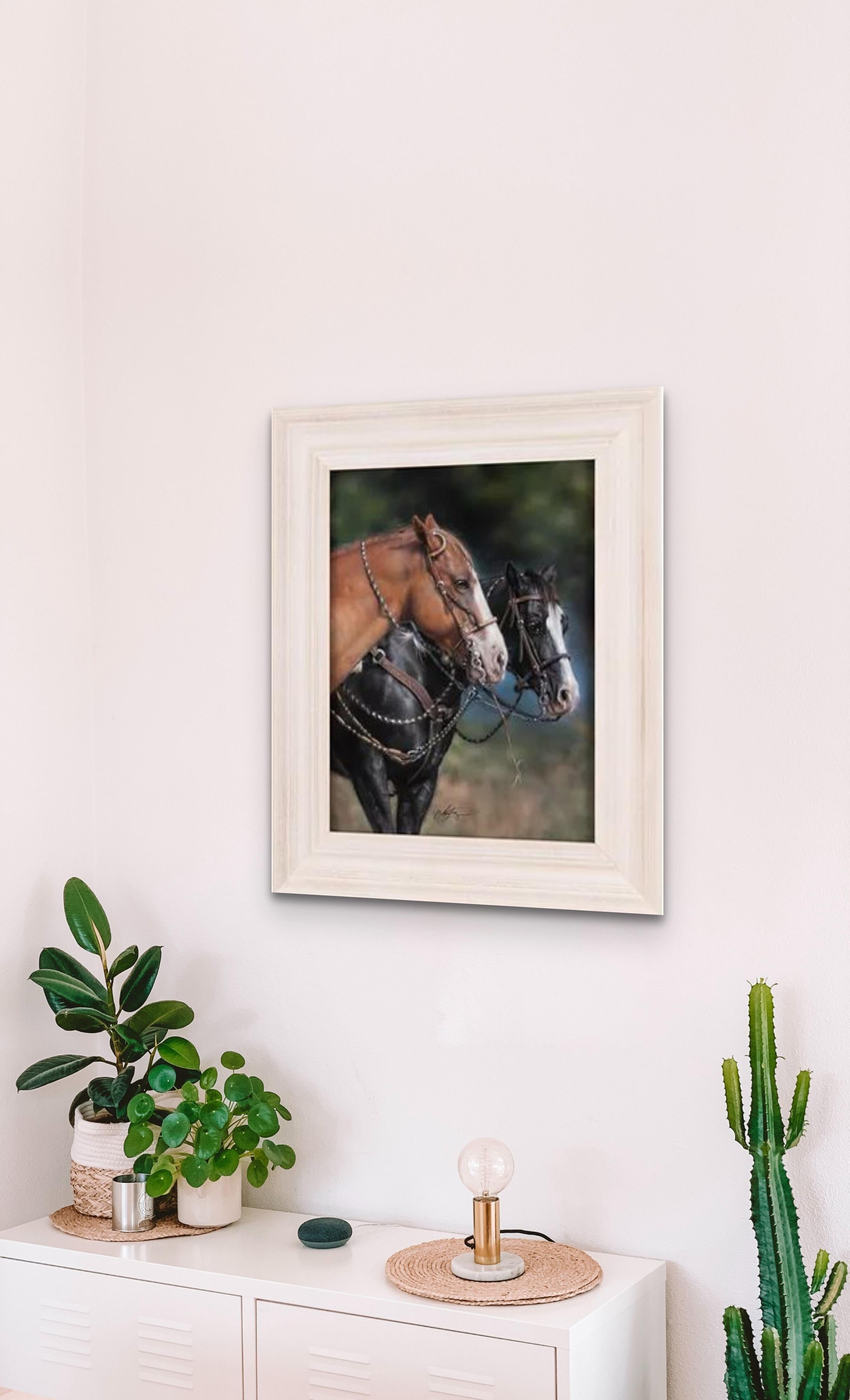 The Buddy System - Horse Pastel Painting Equine Western Photorealism - Black Animal Painting by Abigail Dunnivan