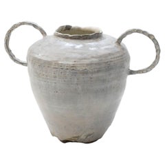 Abigail Schama Ceramics: Anthracite Stoneware Double Handled Vessel, Chartreuse