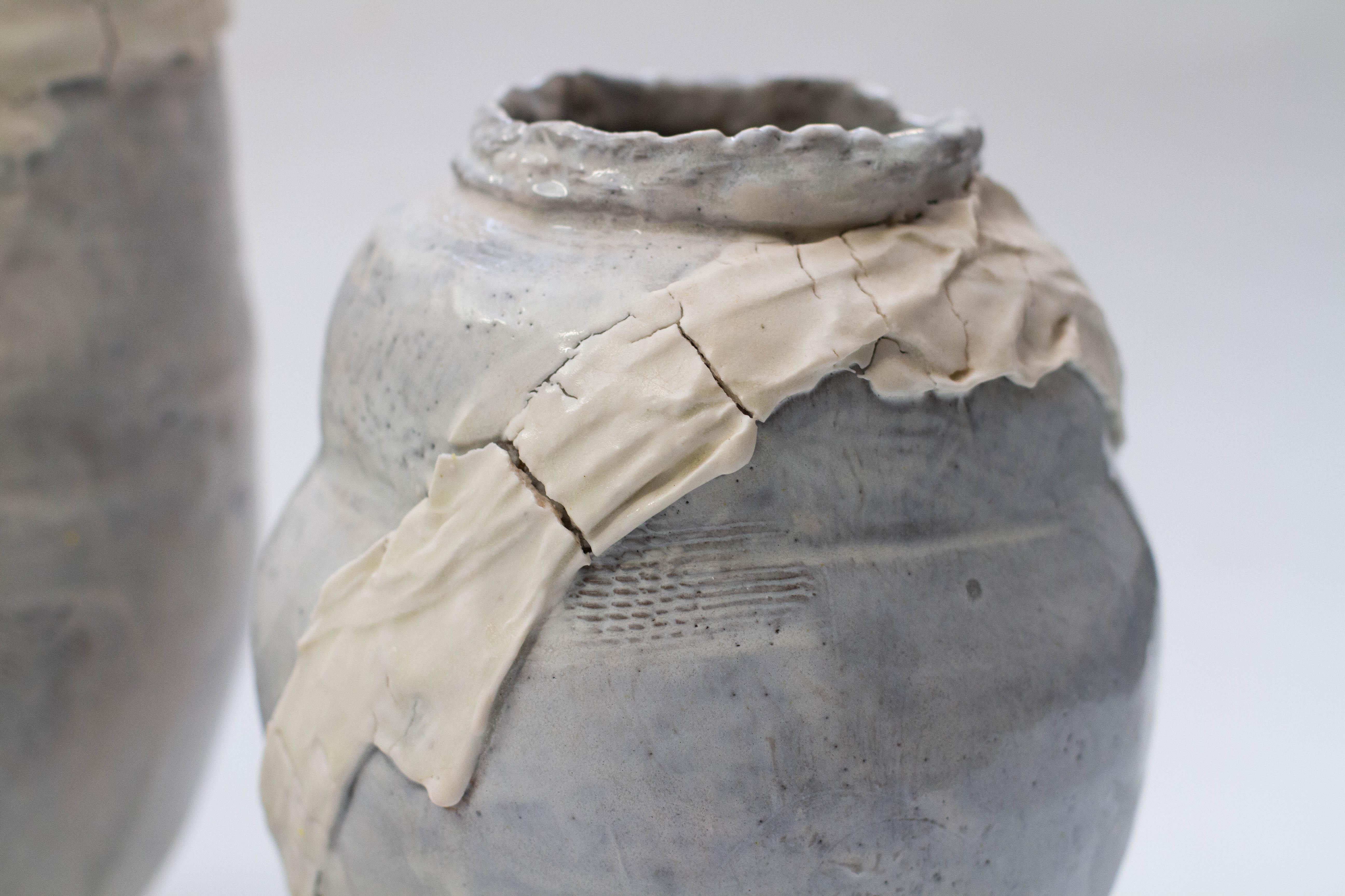 Abigail Schama Ceramics Anthracite Stoneware Vessels with Porcelain Wraps For Sale 6