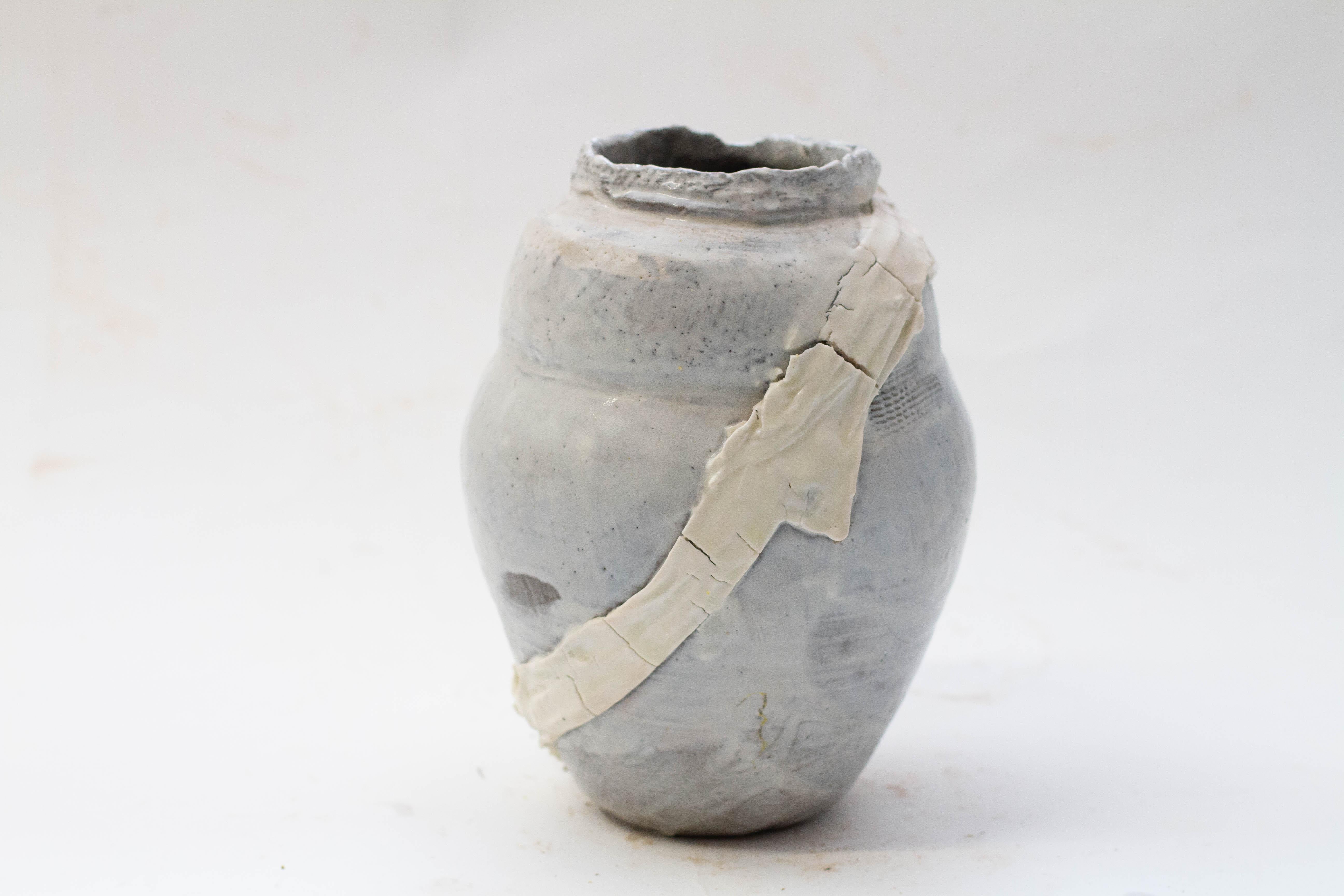Glazed Abigail Schama Ceramics Anthracite Stoneware Vessels with Porcelain Wraps For Sale