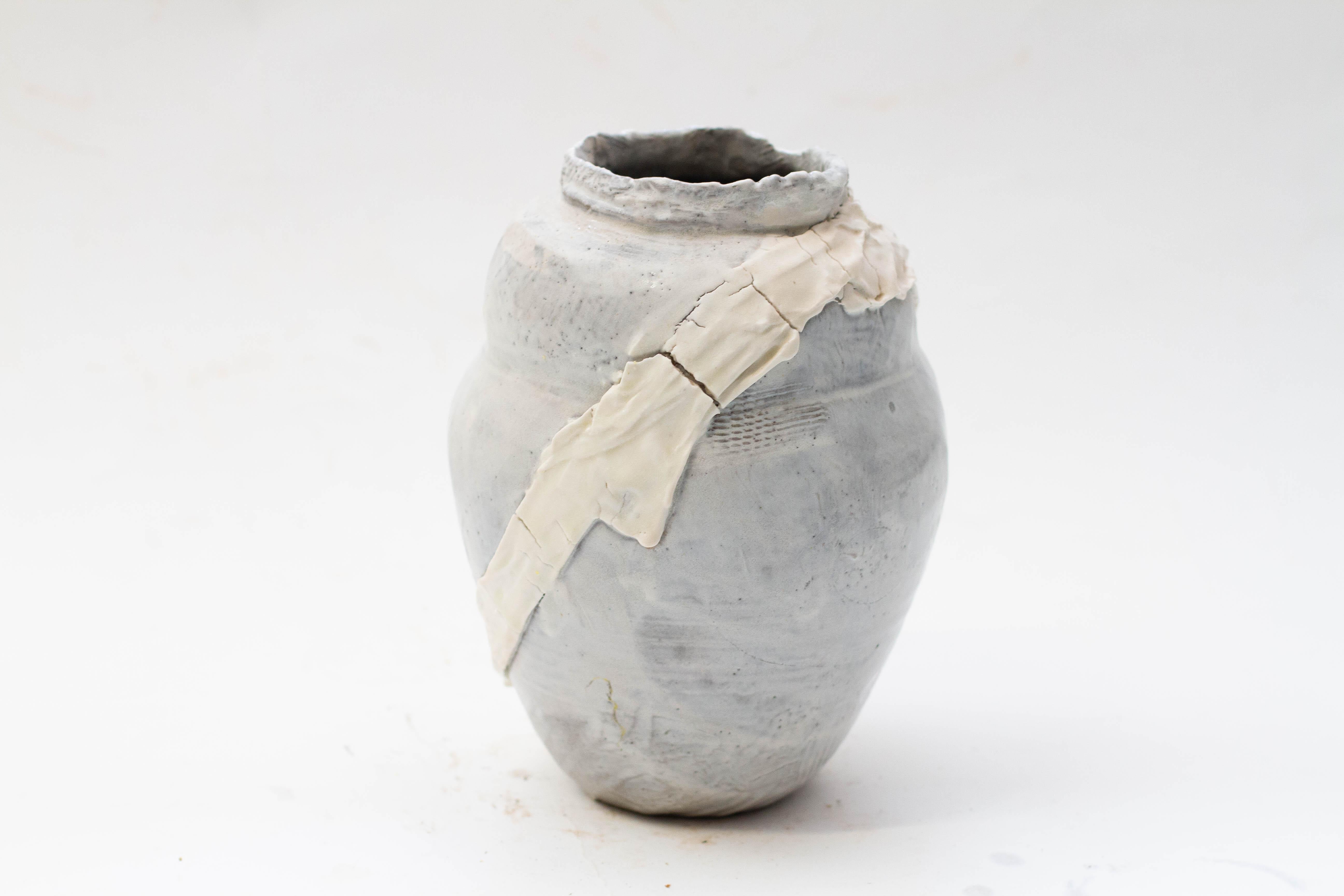 Contemporary Abigail Schama Ceramics Anthracite Stoneware Vessels with Porcelain Wraps For Sale