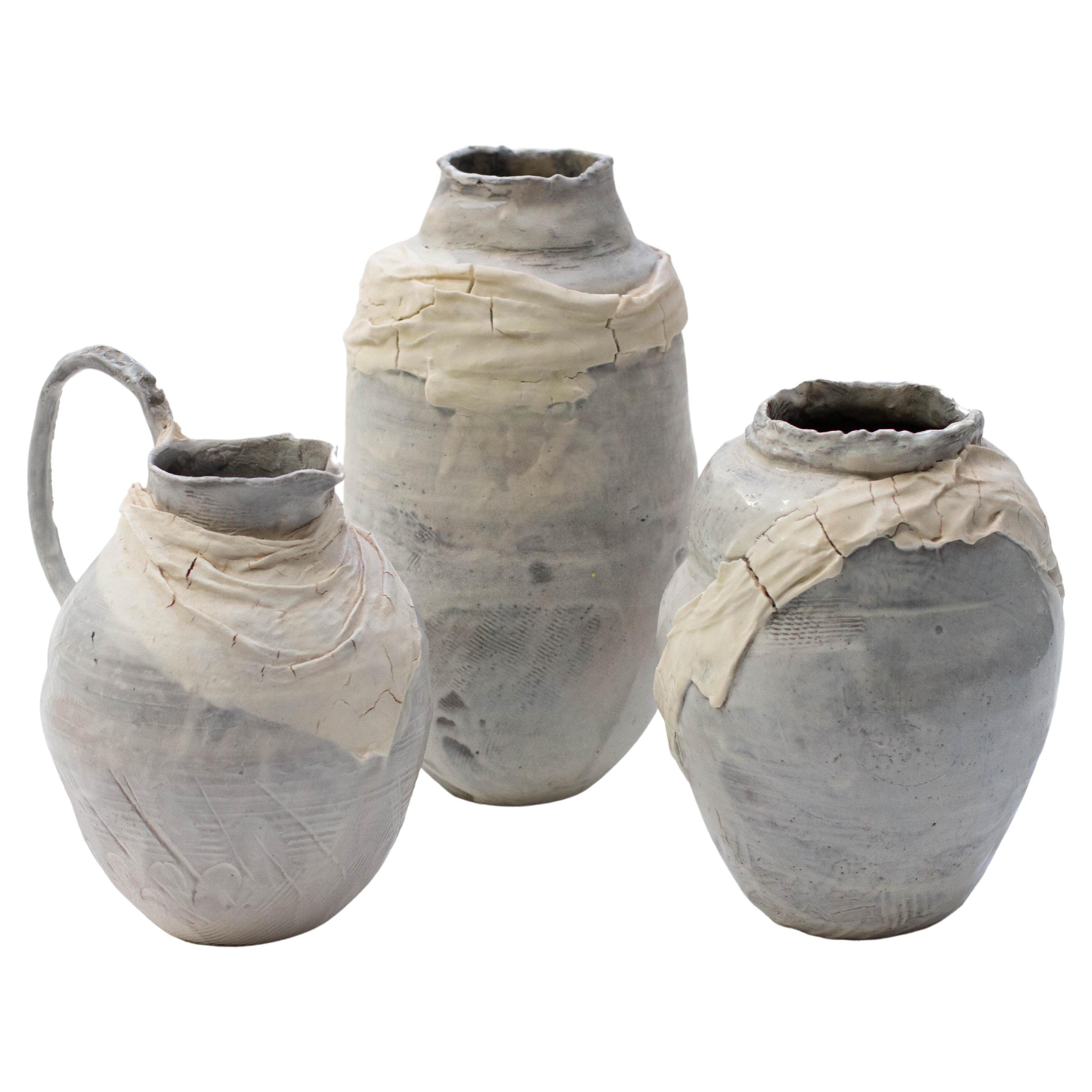 Abigail Schama Ceramics Anthracite Stoneware Vessels with Porcelain Wraps For Sale