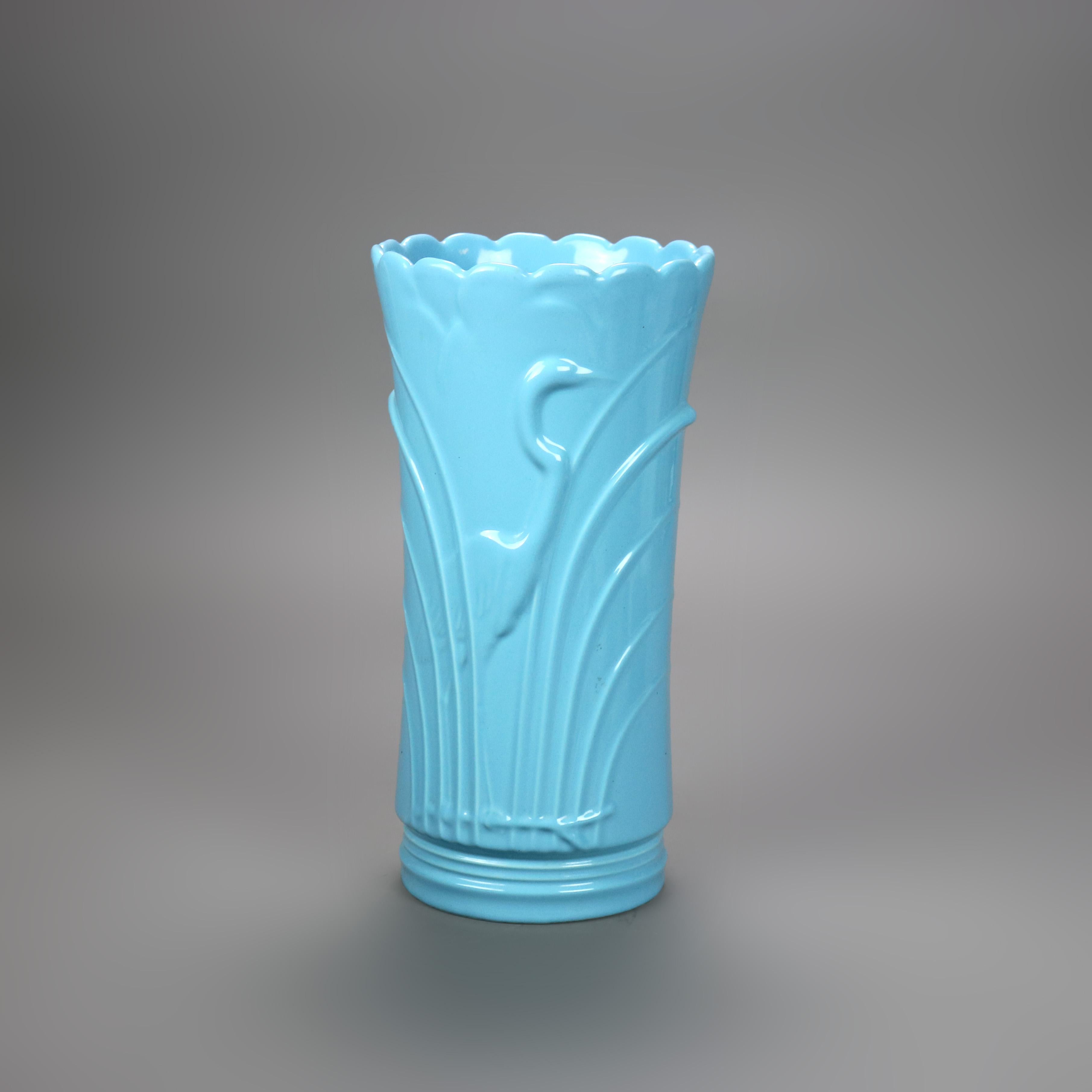 Abingdon Art Pottery Blue Umbrella Stand with Embossed Marsh Scene & Stork C1940

Dimensions : 14 
