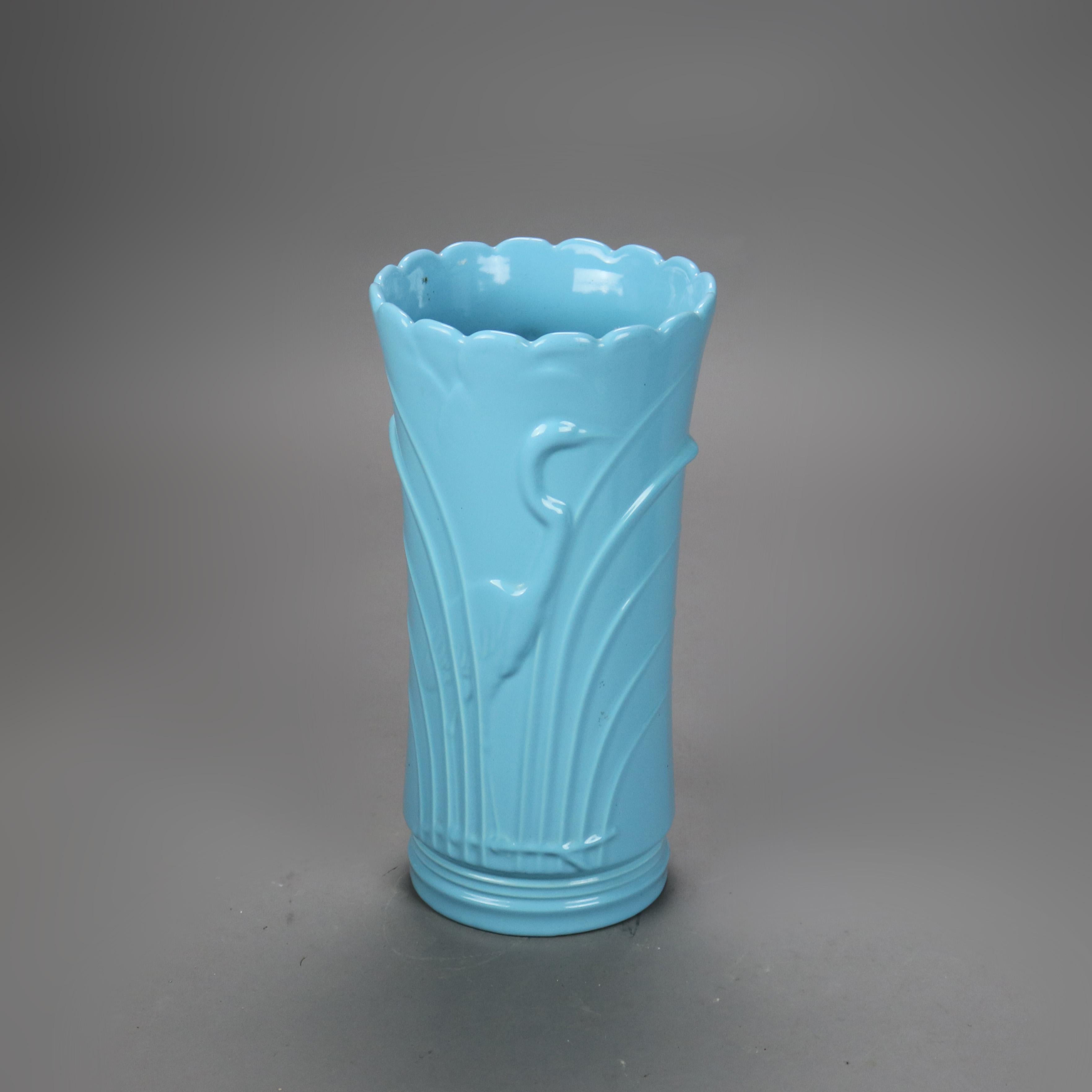 Embossé Abingdon Art Pottery Blue Umbrella Stand with Embossed Marsh Scene & Stork C1940 en vente