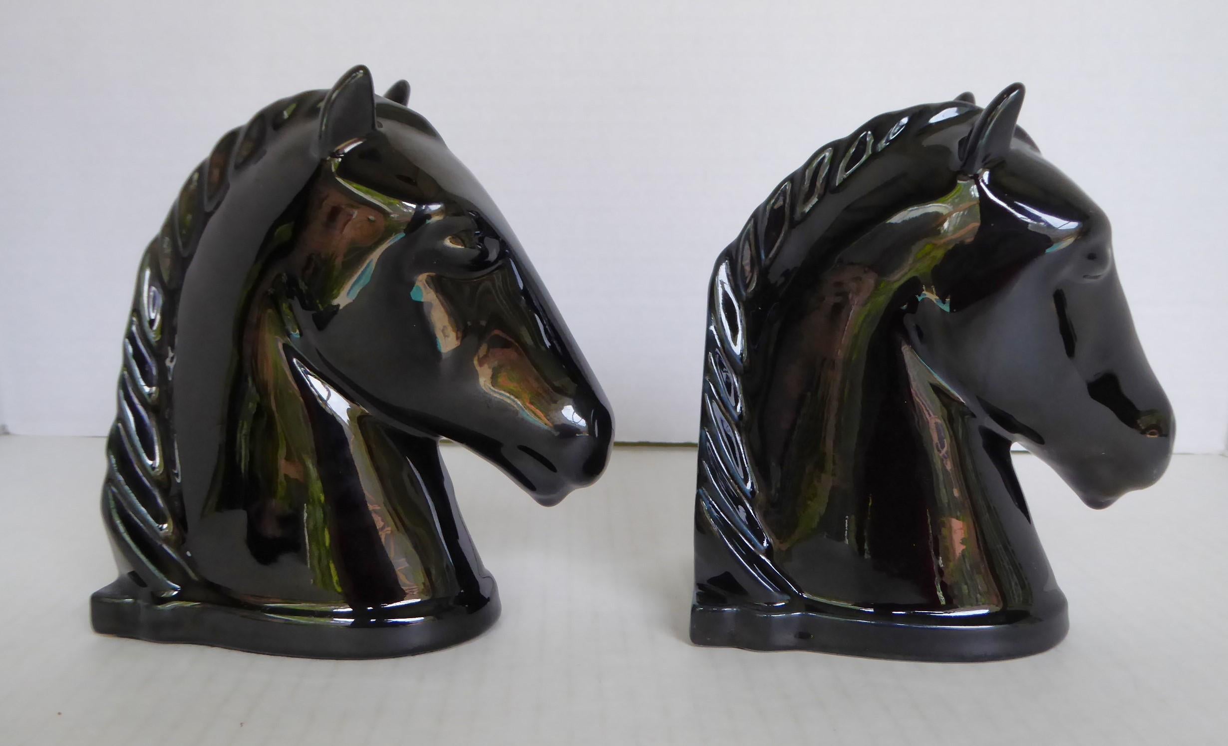 Mid-Century Modern Abingdon Pottery 1940s Mid Century Modern Pair Black Horse Head Bookends For Sale