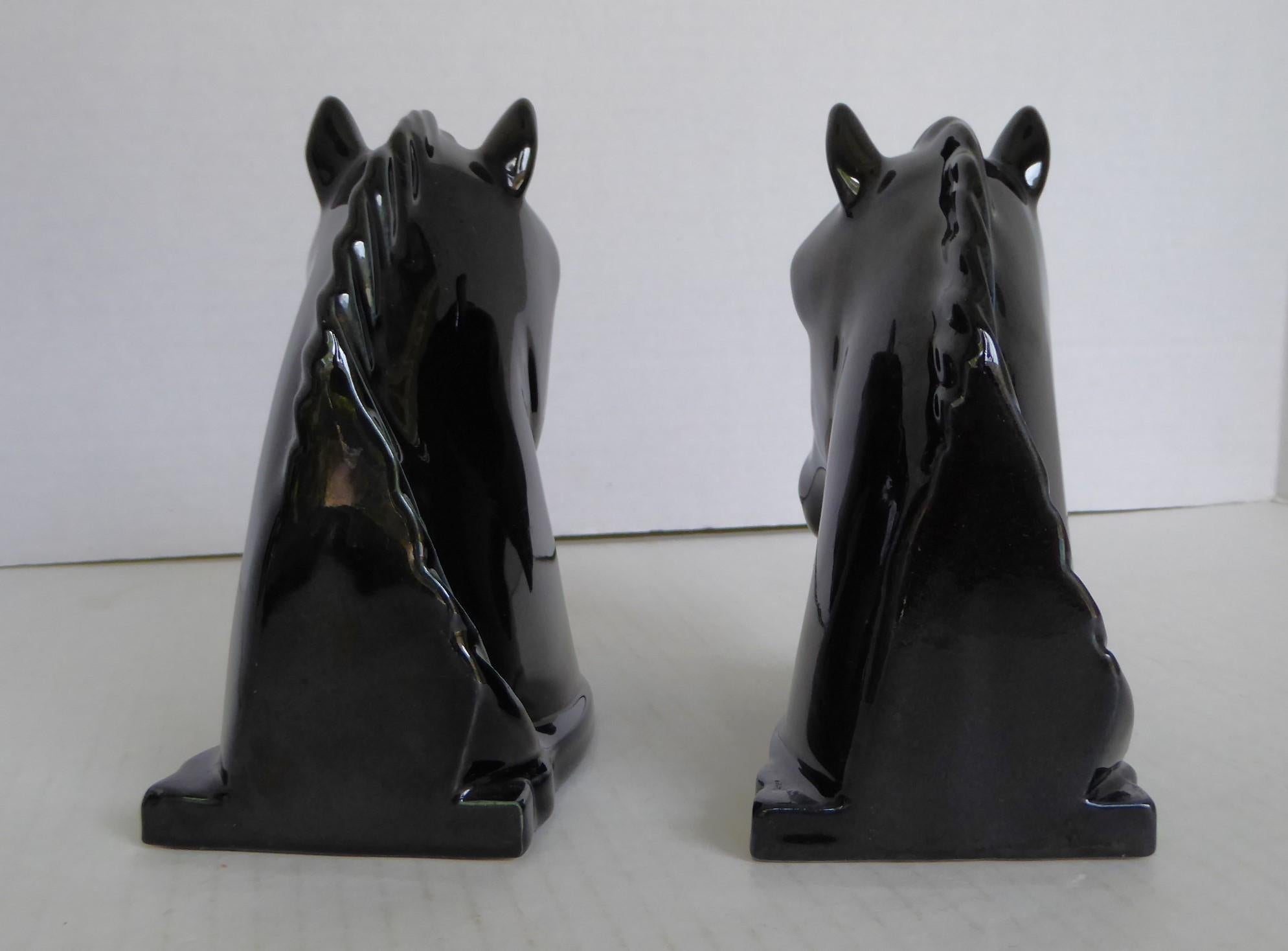 American Abingdon Pottery 1940s Mid Century Modern Pair Black Horse Head Bookends For Sale