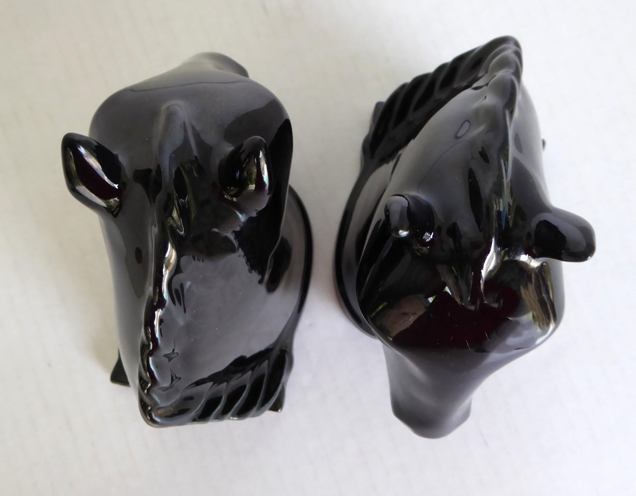 Ceramic Abingdon Pottery 1940s Mid Century Modern Pair Black Horse Head Bookends For Sale