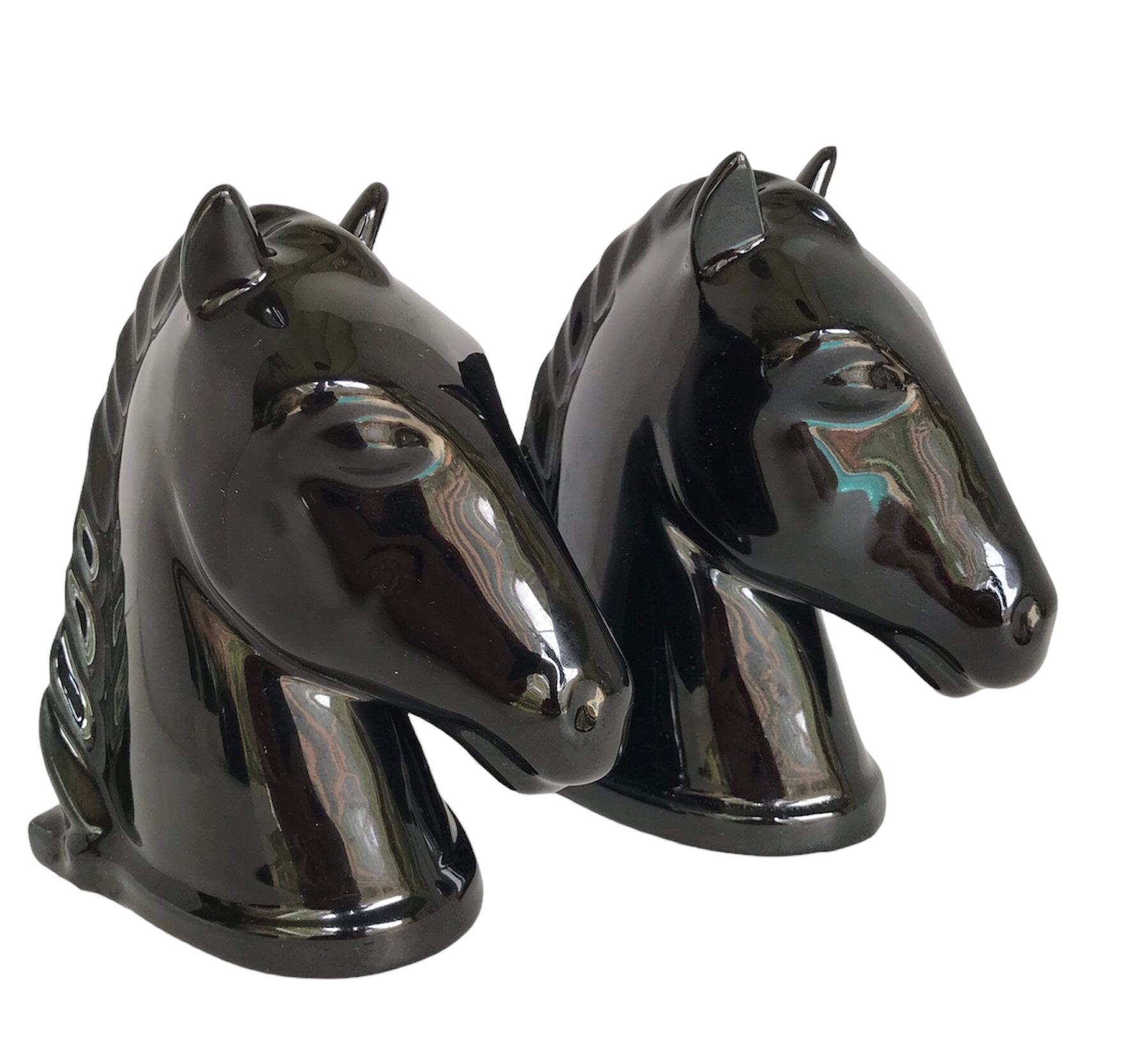Abingdon Pottery 1940s Mid Century Modern Pair Black Horse Head Bookends For Sale 2