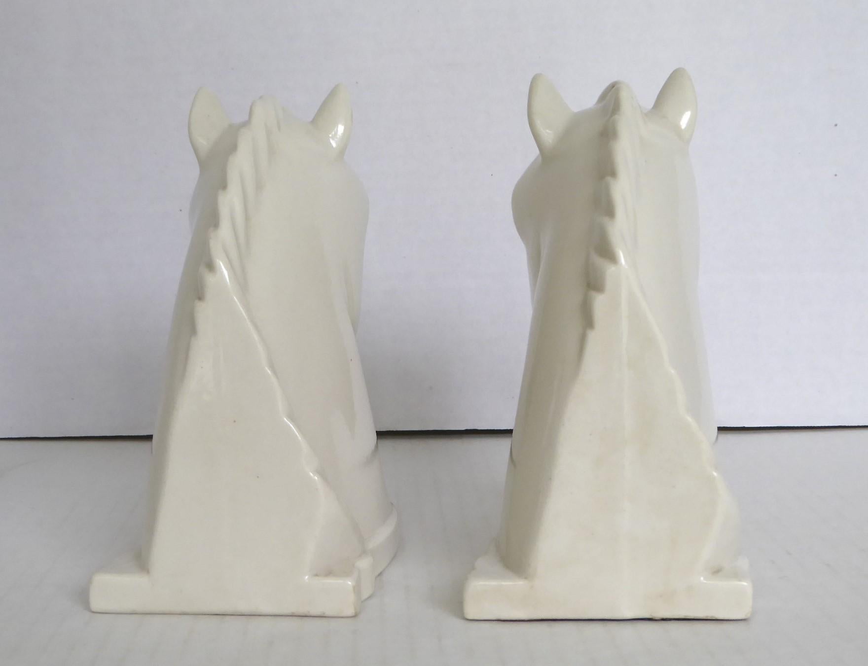 American Abingdon Pottery Pair White Ceramic Mid Century Modern Horse Head Bookends 1940s For Sale