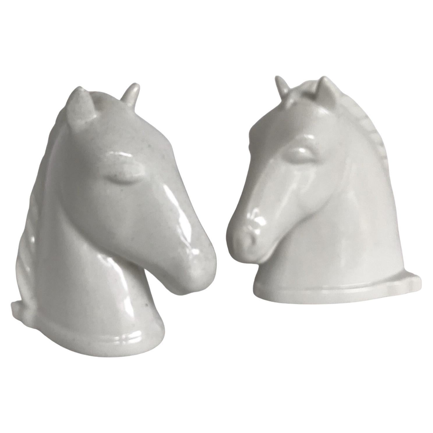 Abingdon Pottery Pair White Ceramic Mid Century Modern Horse Head Bookends 1940s For Sale