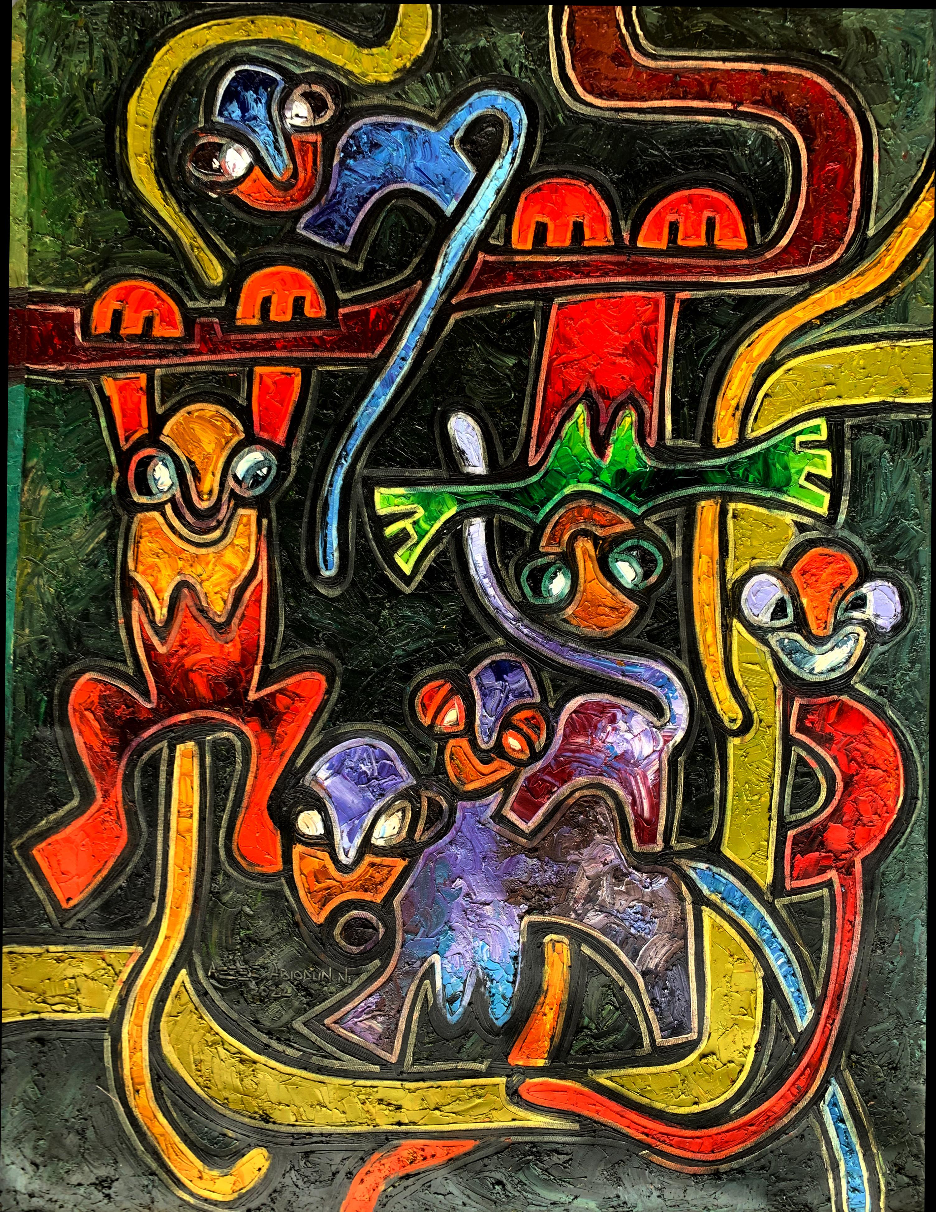 Abstract Painting de Abiodun Nafiu Azeez - Monos  in the Groove 1 - Siglo XXI, Contemporáneo, Impasto, Animales, África