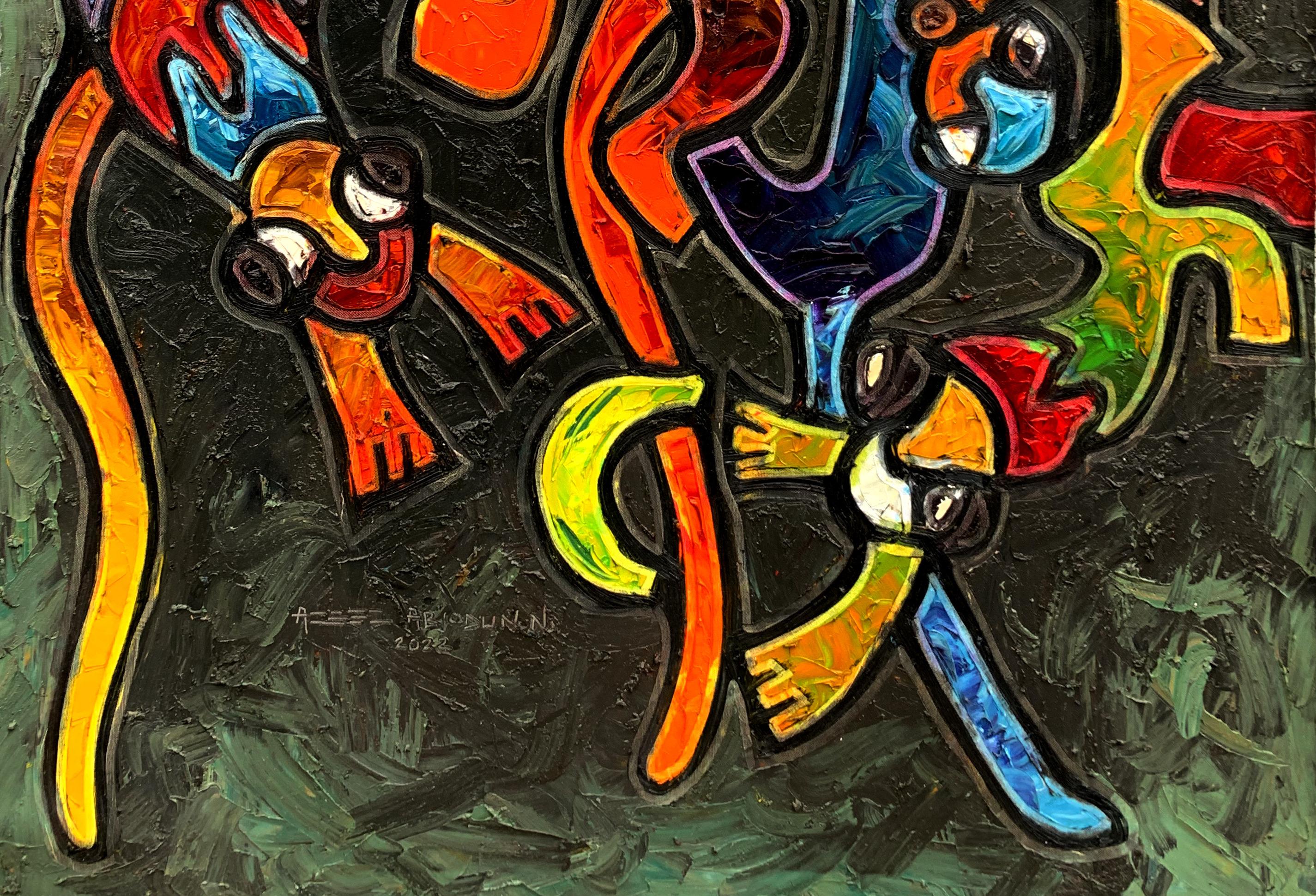 Monkeys  in the Groove 3 - 21st Century, Contemporary, Impasto, Animals, Africa - Black Abstract Painting by Abiodun Nafiu Azeez