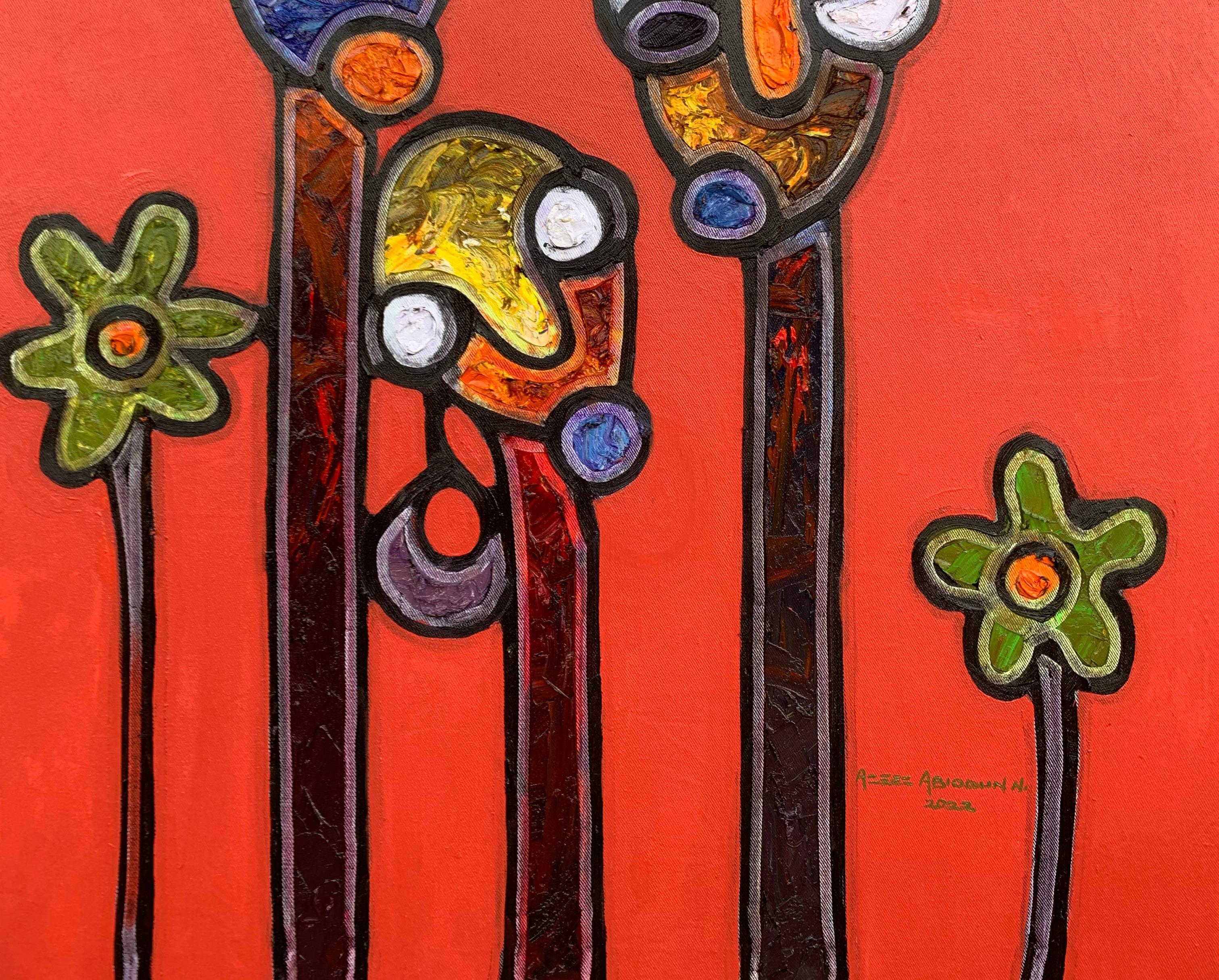 Hermanas en el jardín - Painting Contemporáneo de Abiodun Nafiu Azeez