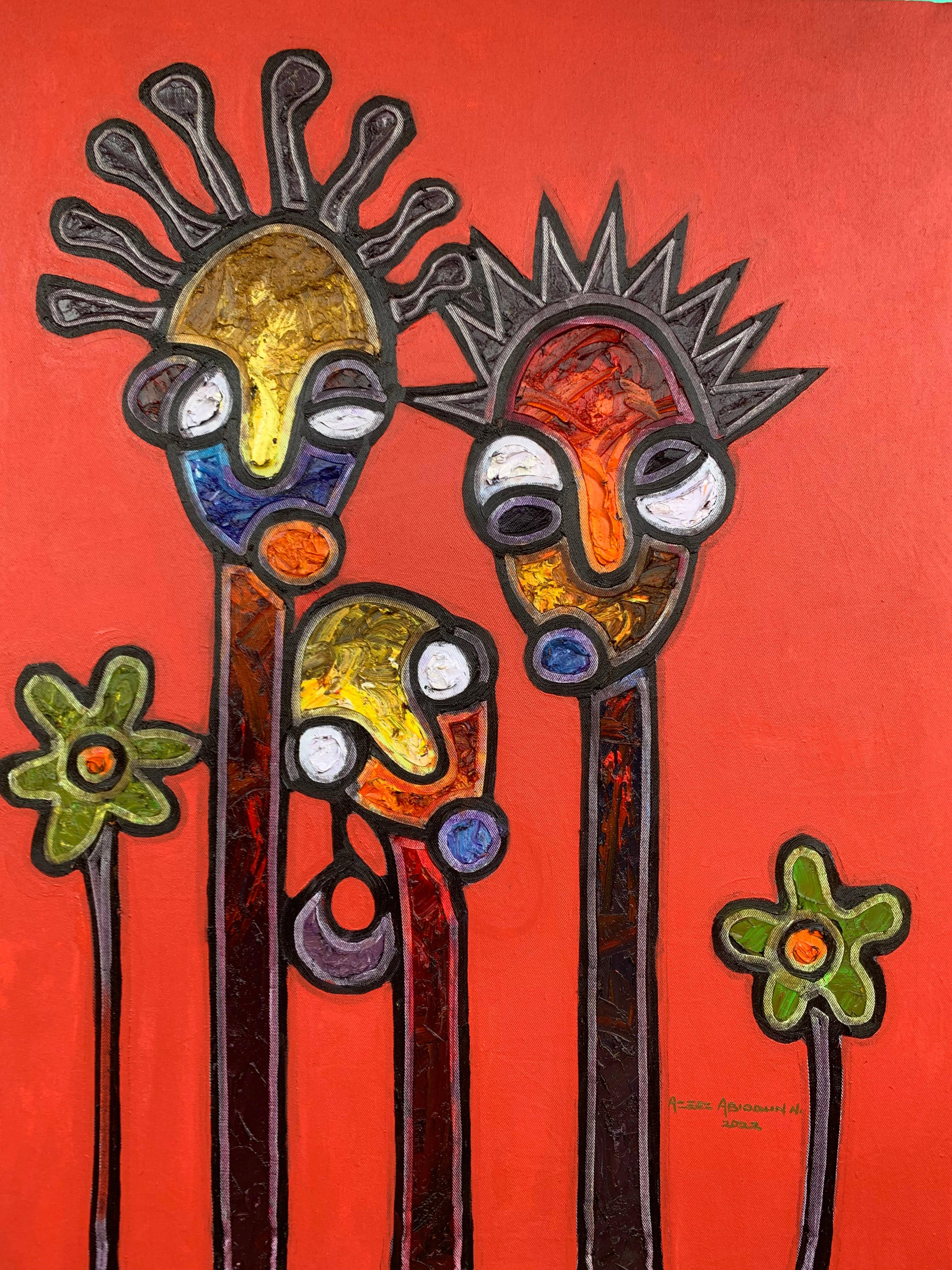 Figurative Painting de Abiodun Nafiu Azeez - Hermanas en el jardín