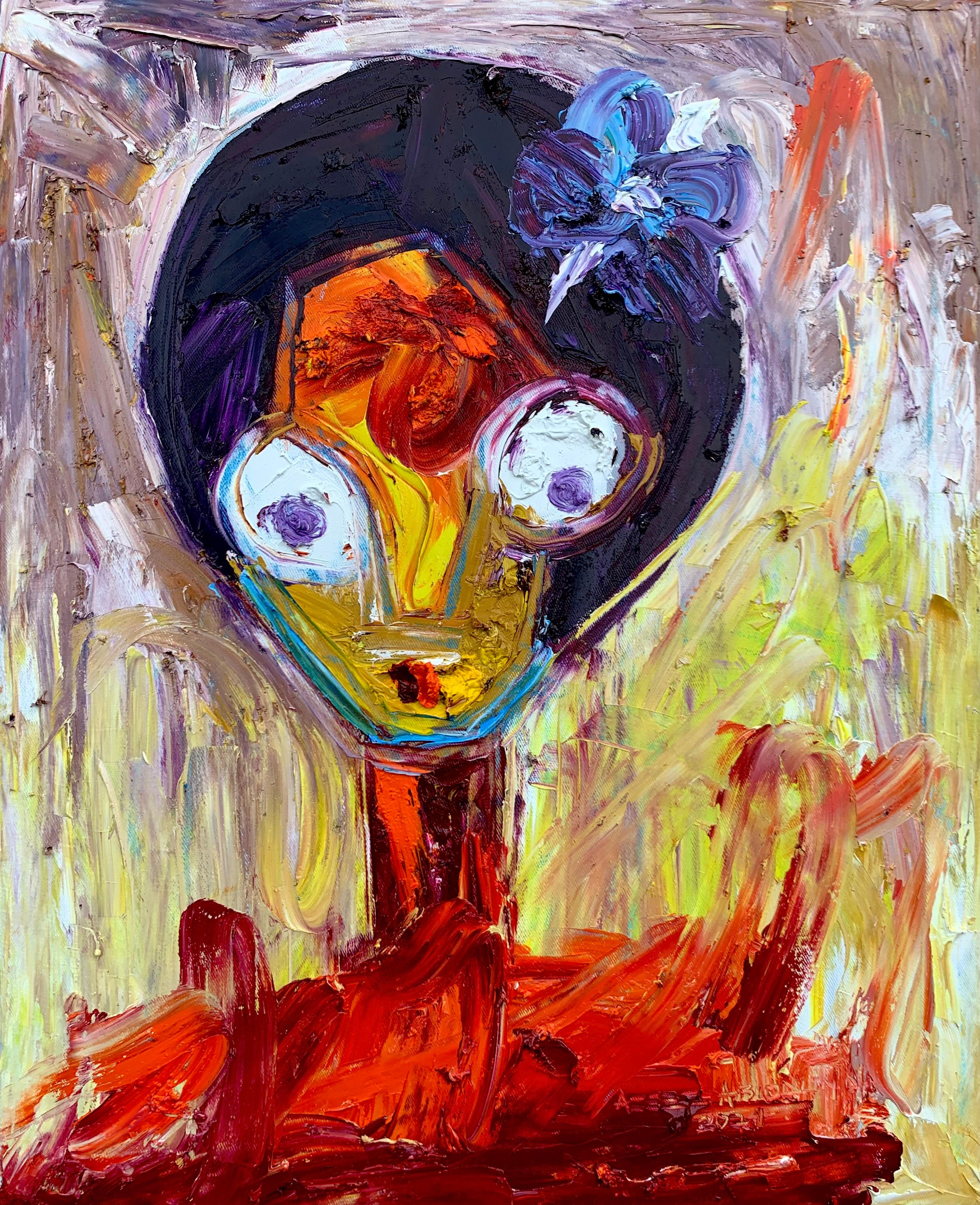 Abstract Painting di Abiodun Nafiu Azeez - Sussurri di farfalla - 21° Secolo, Contemporaneo, Impasto figurativo, Donna