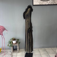 Black and Gold Long Dress with Feathers and Pleated Skirt - Evening Glam Gown