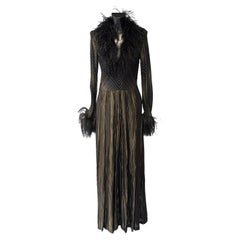 Black and Gold Long Dress with Feathers and Pleated Skirt - Evening Glam Gown