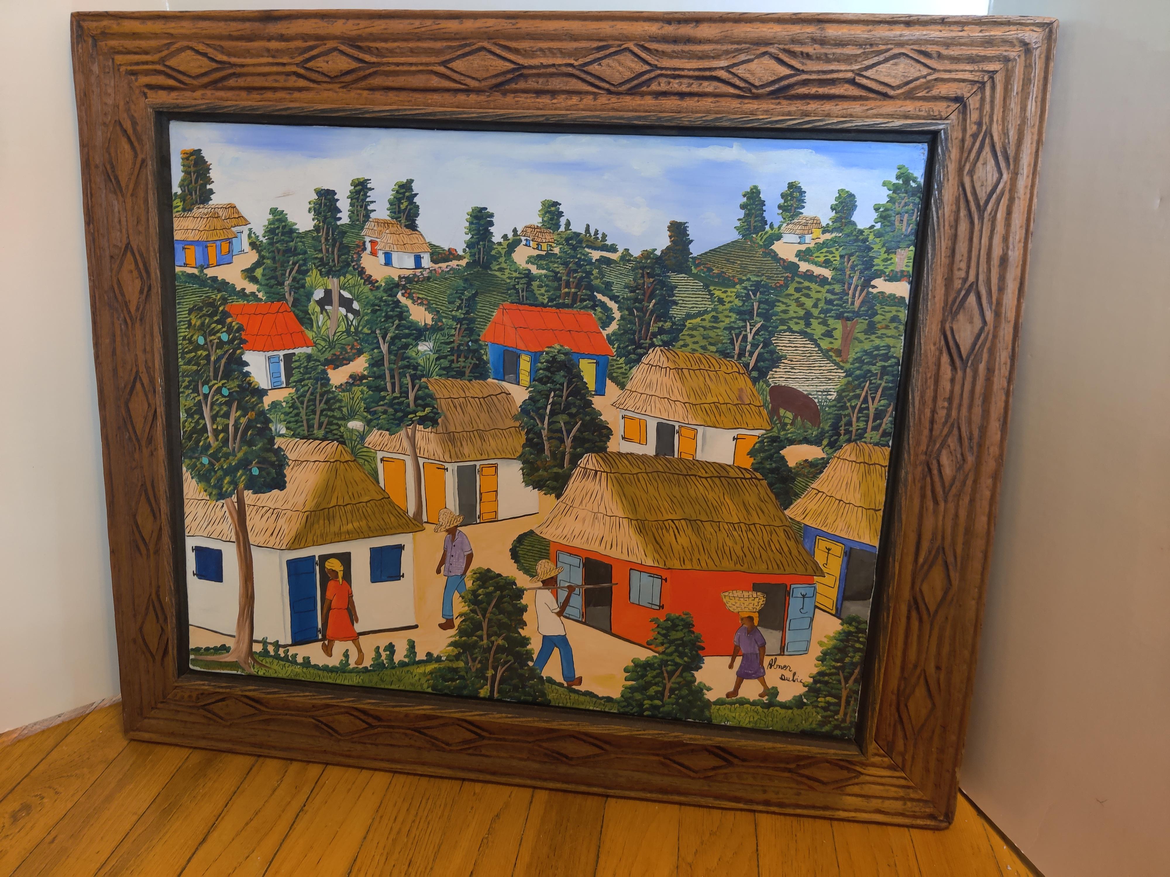 Abner Dubic original signed painting of Haiti Village.
Dubic was born 1944 in Haiti.  Started painting in 1966.   Exhibitions in Paris, Strasbourg, and US.   
His art represents life in the country, farm work and festivities in Haiti.
Rustic carved