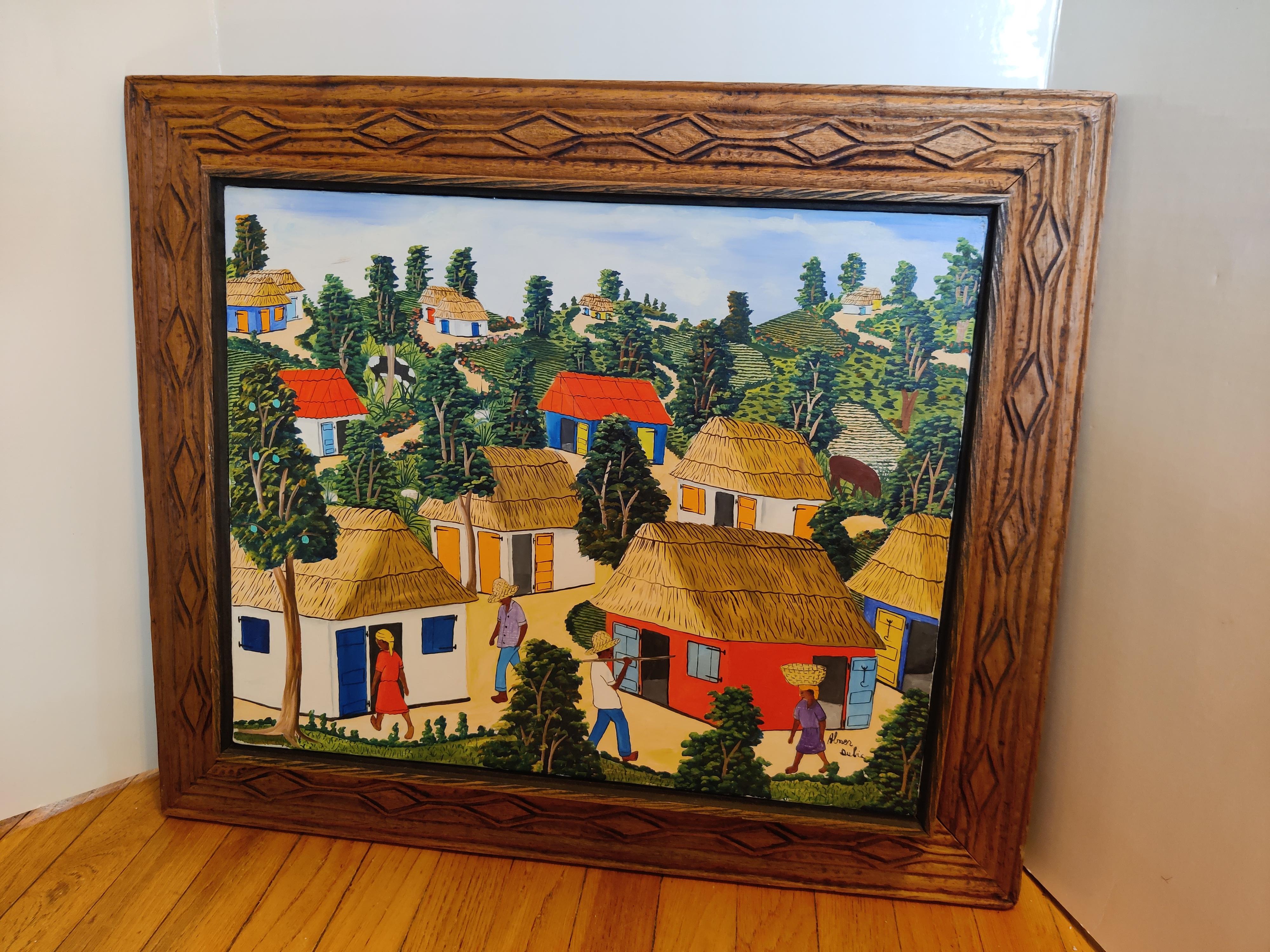 Haitian Abner Dubic original signed painting of Haiti Village Scene  For Sale