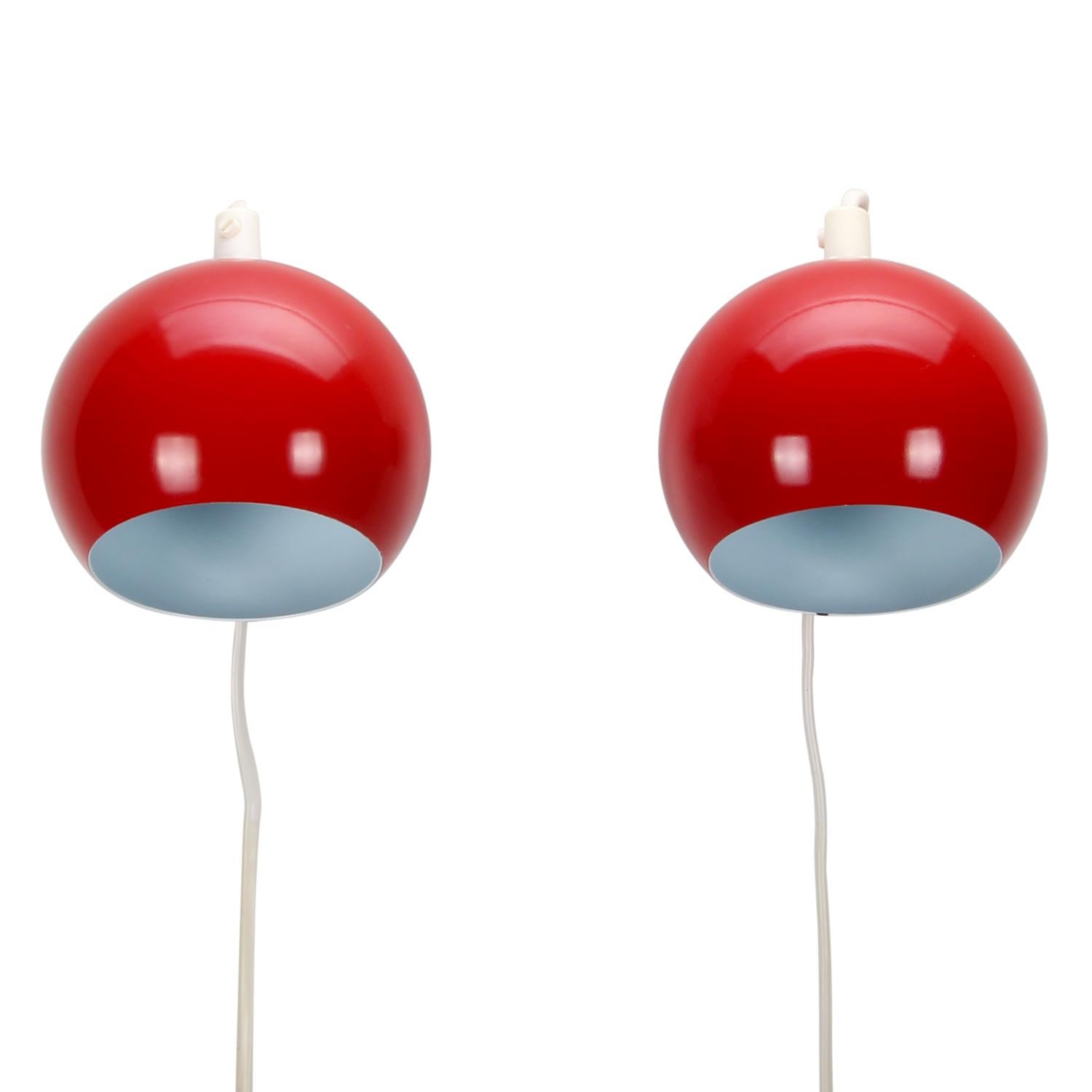 Enameled ABO MAG Pair of Red Magnetic Ball Wall Lamps by Danish ABO Randers 1960s