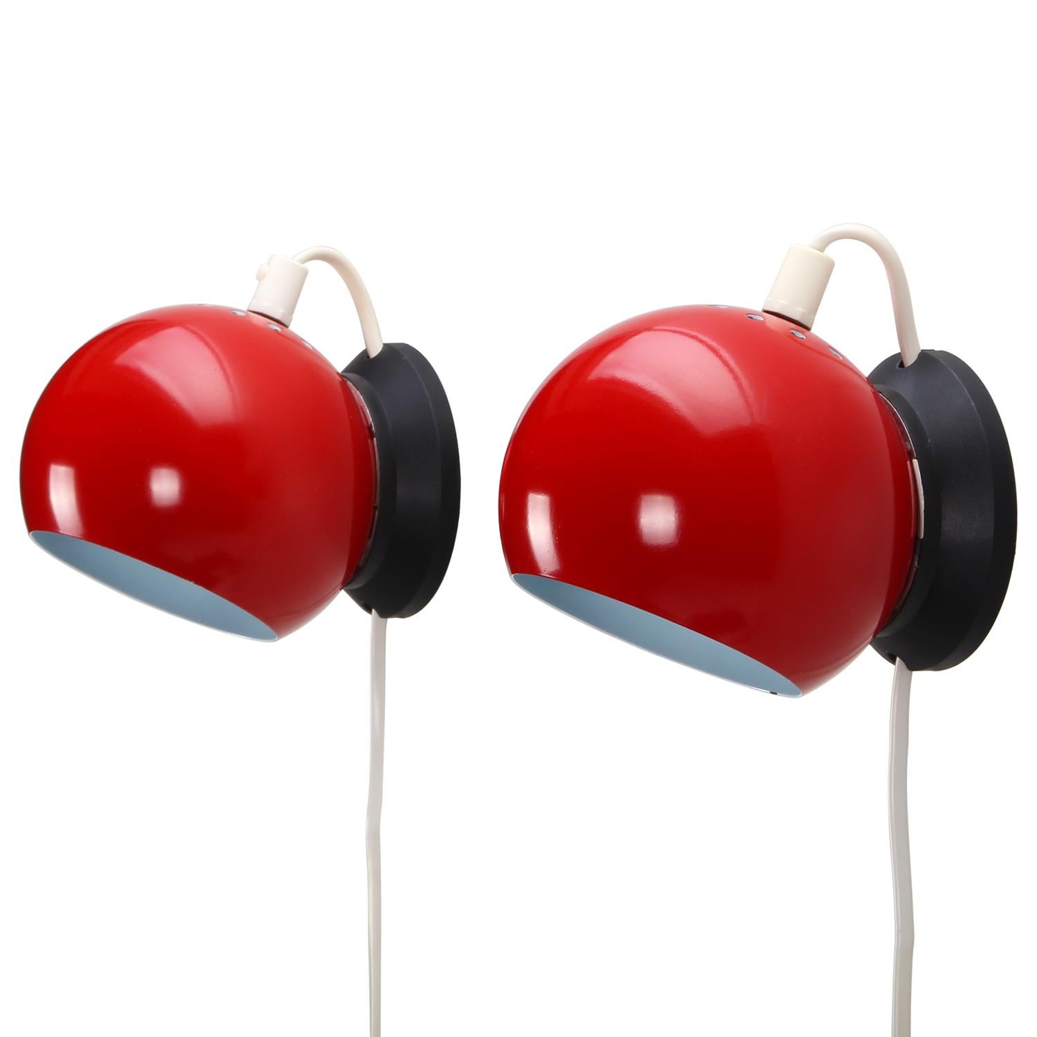 Plastic ABO MAG Pair of Red Magnetic Ball Wall Lamps by Danish ABO Randers 1960s