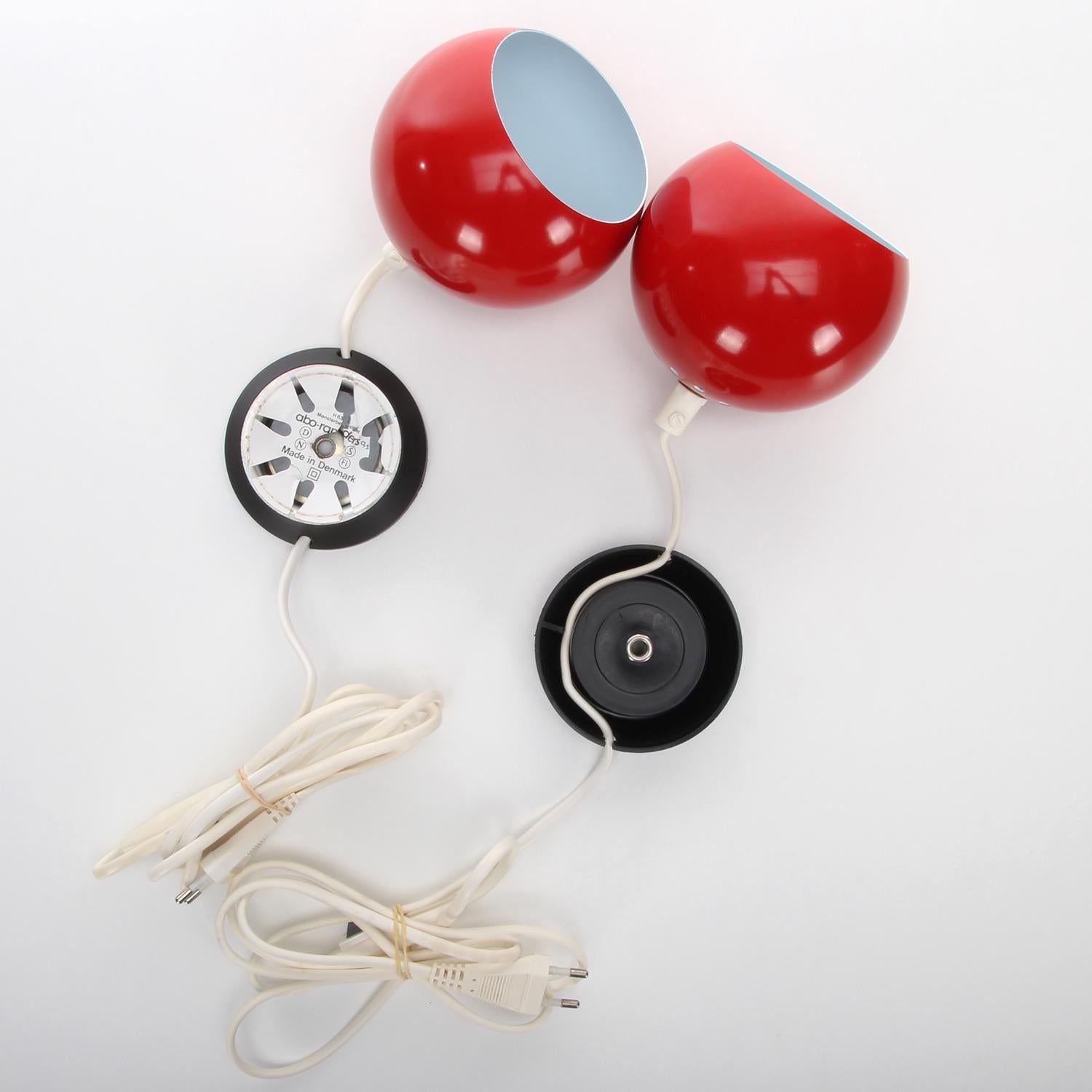 ABO MAG Pair of Red Magnetic Ball Wall Lamps by Danish ABO Randers 1960s 2