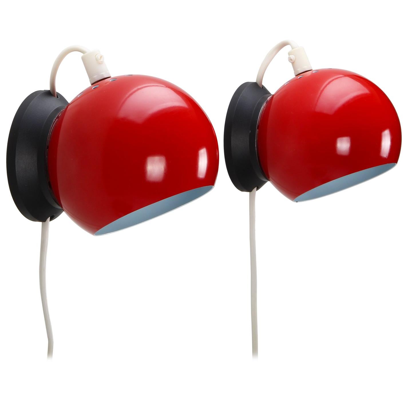 ABO MAG Pair of Red Magnetic Ball Wall Lamps by Danish ABO Randers 1960s