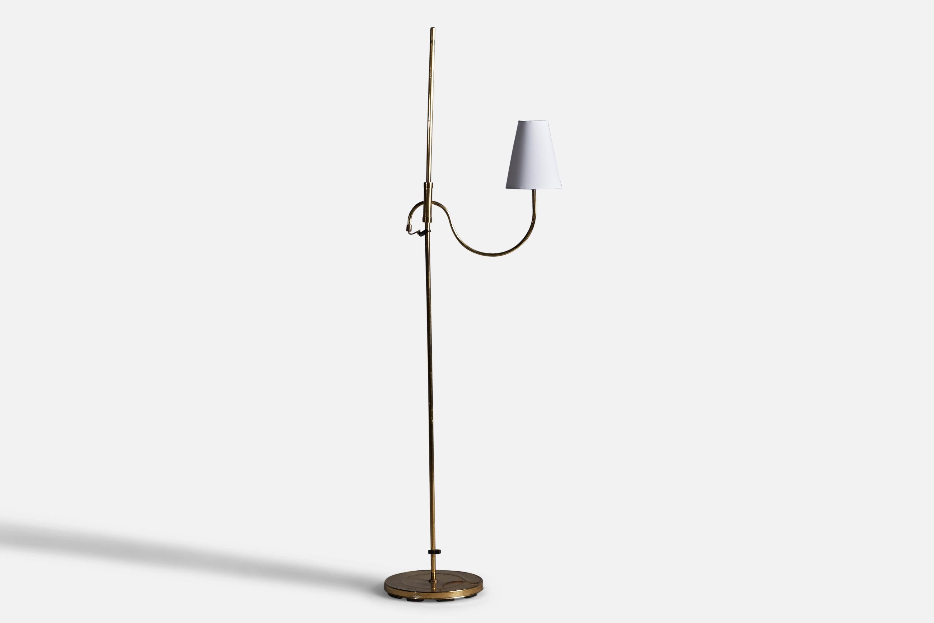 An adjustable brass, white fabric and plastic floor lamp, designed and produced by Abo Randers, Denmark, 1960s.

Overall Dimensions: 55