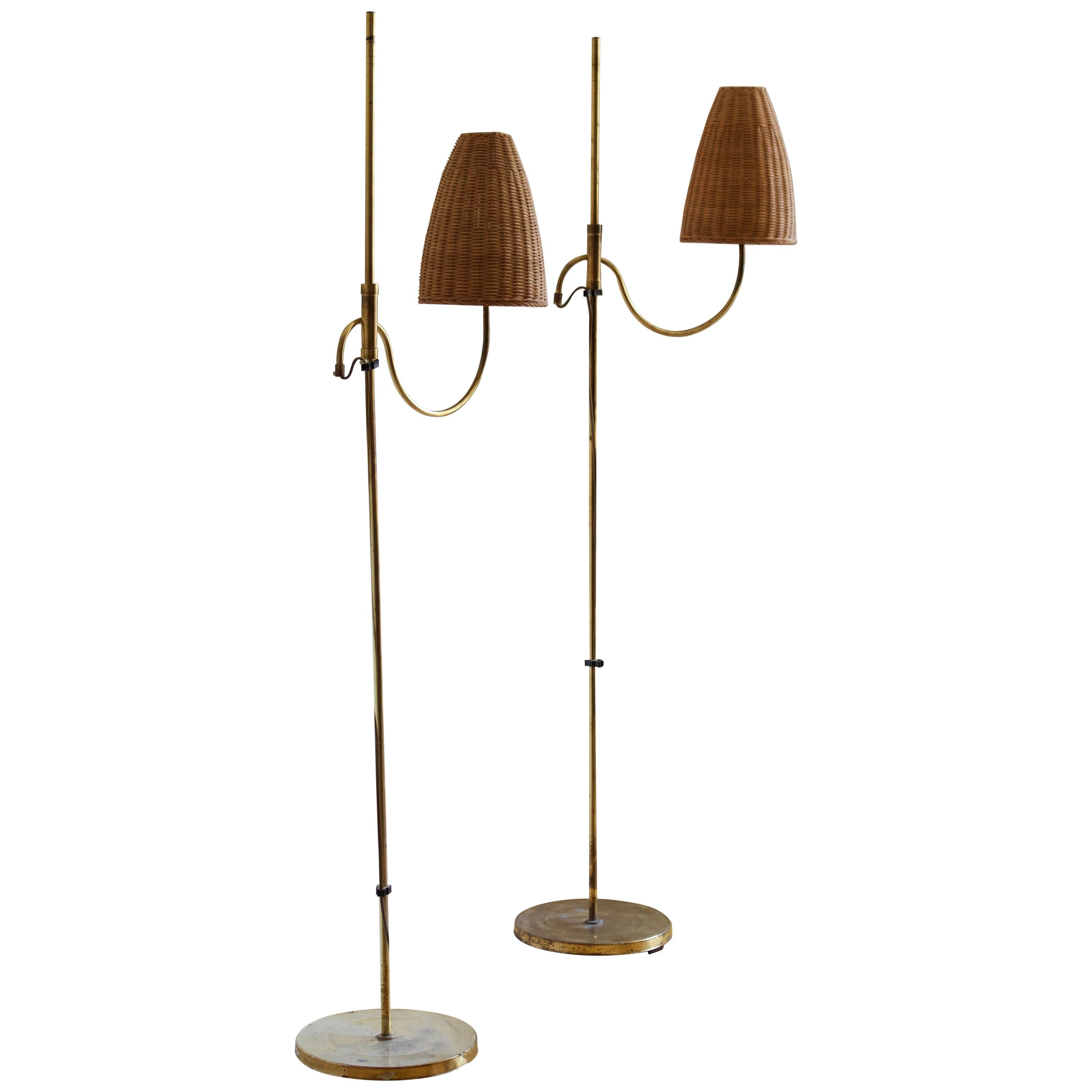 Abo Randers, Adjustable Floor Lamps, Brass, Rattan, Denmark, 1960s at  1stDibs