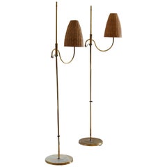 Abo Randers, Adjustable Floor Lamps, Brass, Rattan, Denmark, 1960s