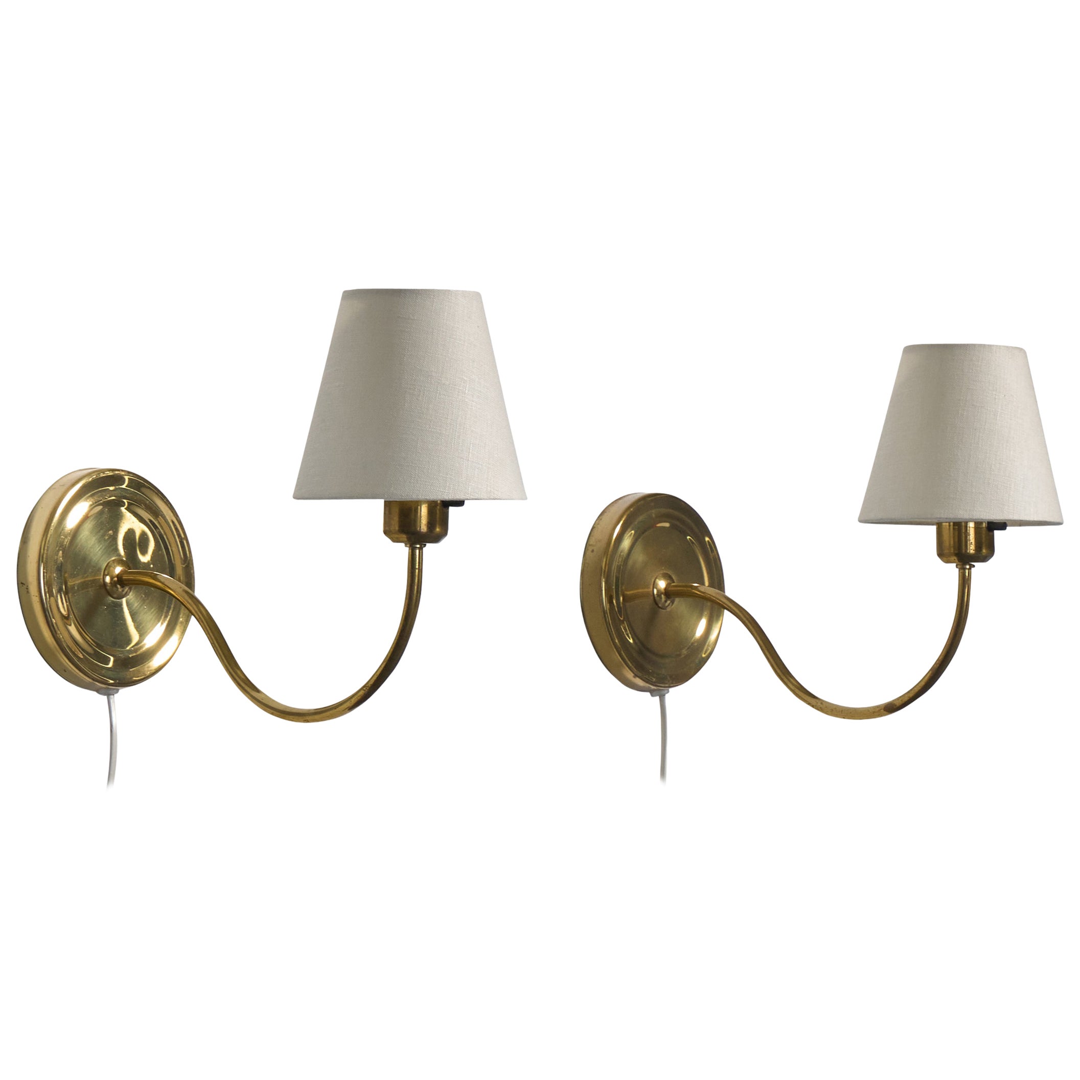 Abo Randers, Wall Lights, Brass, Fabric, Denmark, 1980s For Sale