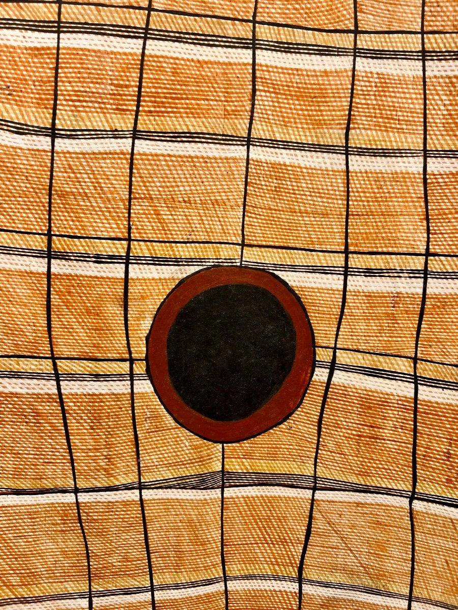 This impressive large aboriginal painting was crafted on eucalyptus bark from the Arnhem Land region in the Northern Territory of Australia. It was made by Emmanuel Wurrkidj who is a distinguished artist from the prestigious and one of the oldest