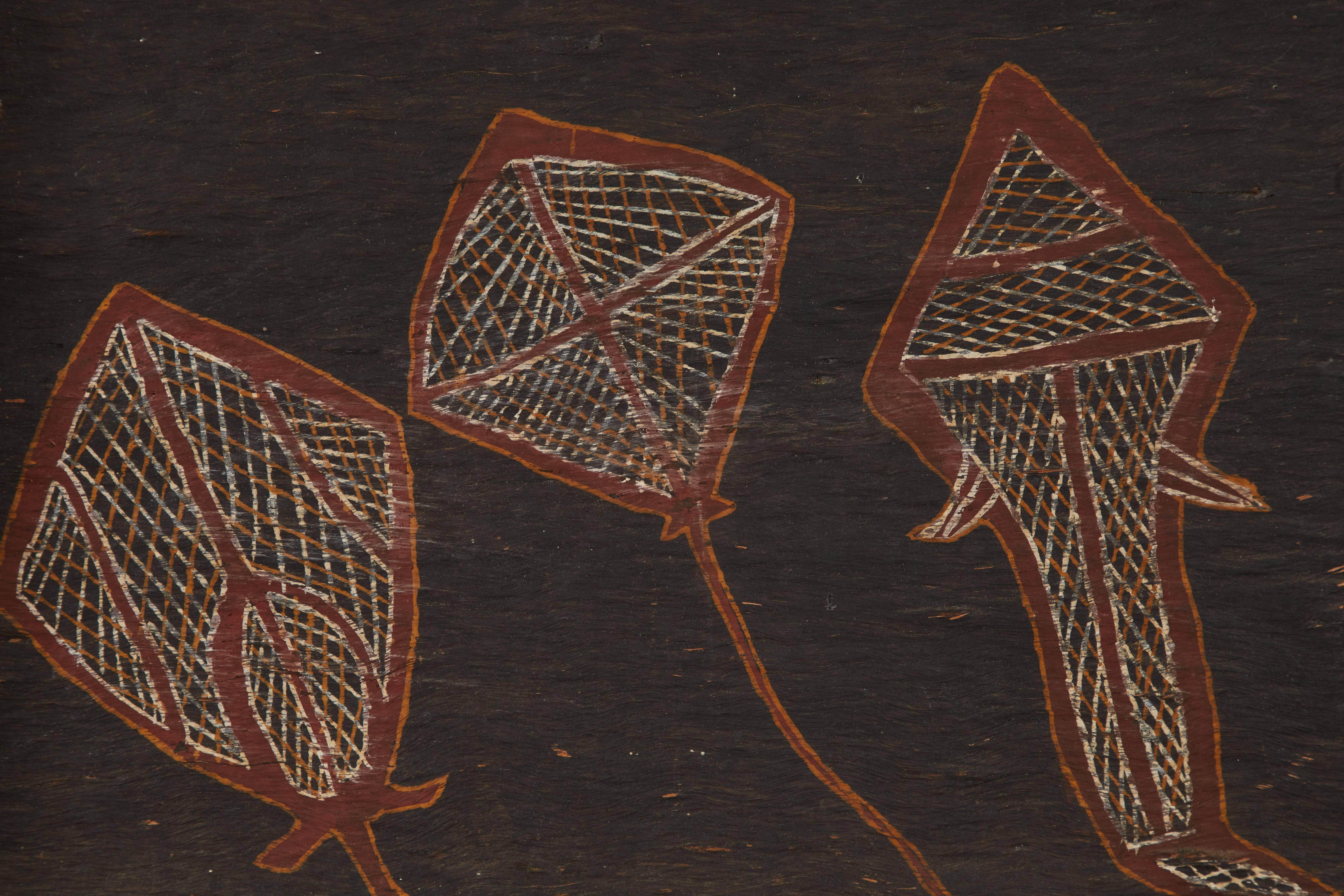 Primitive bark painting by Ingura people of Arnhem Land in Northern Australia. Made in Australia, circa 1950s.