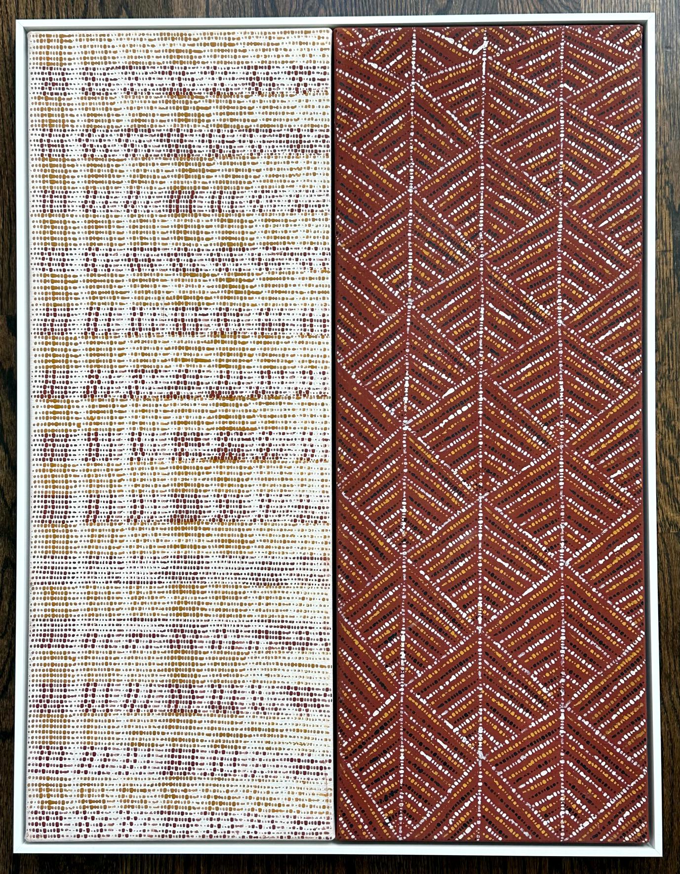 A lovely diptyque paintings by Australian Aboriginal artist Raelene Kerinauia (1962- ).  Born in 1962 (Tiwi People), Wurrumiyanga, Mantiyupwi Country, Bathurst Island, Northern Territory, Raelene Kerinauia Lampuwatu lives and works Milikapiti,
