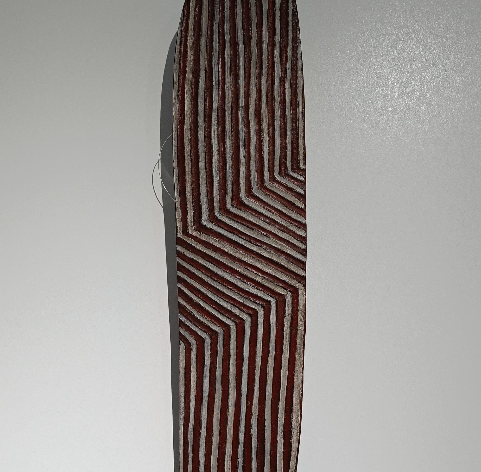 Fine large Antique Aboriginal Wunda shield in hard wood carved on both sides with a highly artistic Zigzag Geometric fluted design colored with red and and white pigment & paint.
These shields would have been used during a culturally significant