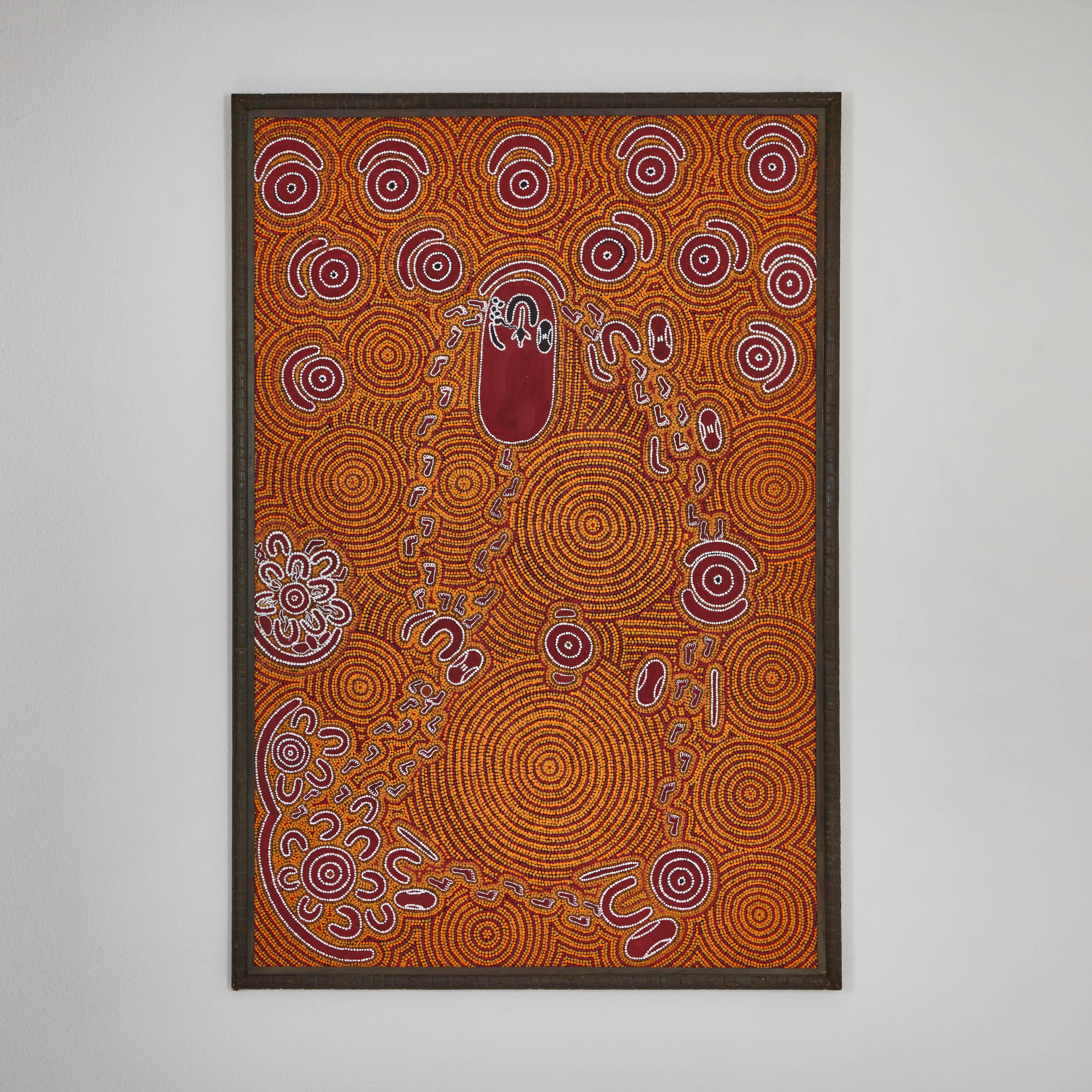 This is a beautiful Aboriginal Jukurrpa (dreaming story) by P Andrea and Kathleen 
Nungarray Martin P. Both artist are a part of the Warlukurlangu Artists of Yuendumu, a prominent Aboriginal owned art center in Central Australia. Motiffs and
