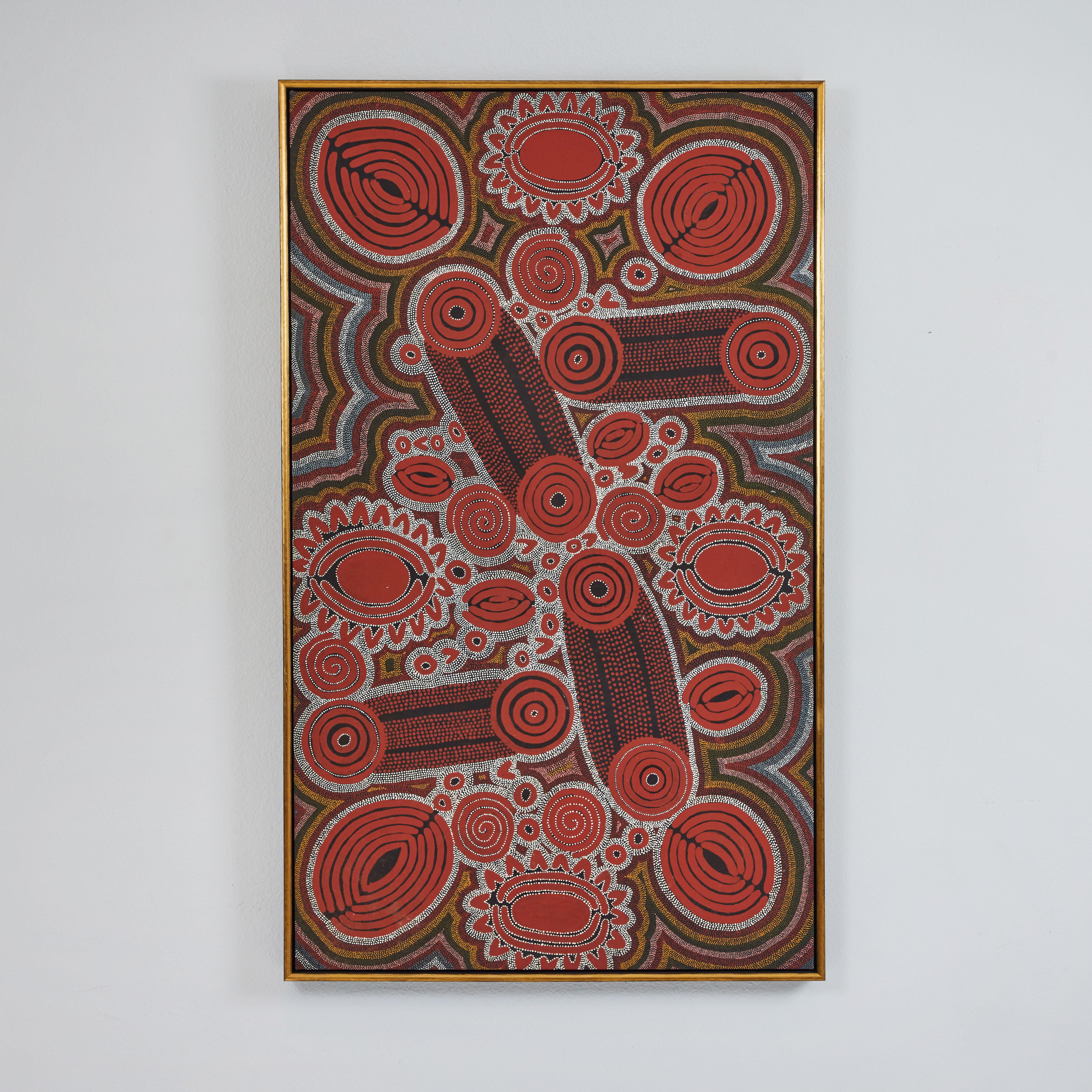 This is a beautiful Aboriginal Jukurrpa (dreaming story) by Dorrie Petyarre,  an artist for the Mbantu Gallery, entitled 