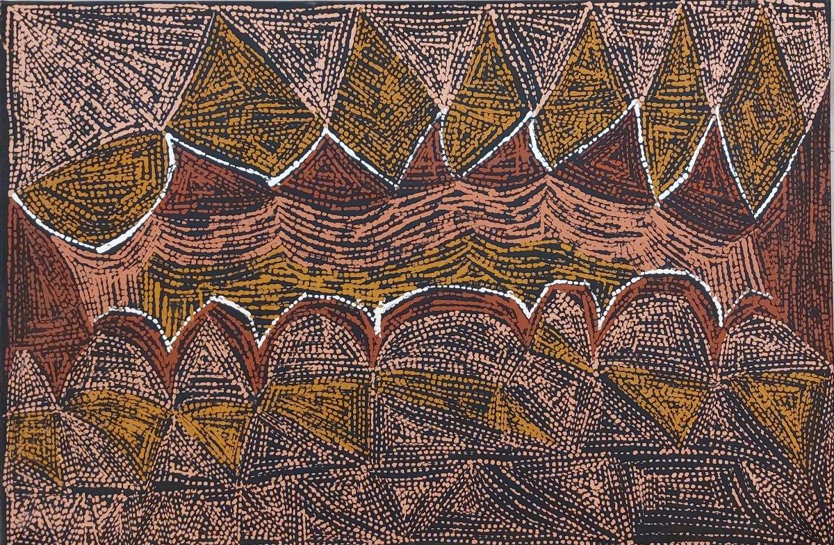 Dieses Gemälde stammt aus dem Jilamara Design Art Center und stammt aus dem Jahr 2013. Es wird mit Erdocker hergestellt, der mit Acrylpigmenten gebunden ist. Cornelia gilt als eine große Künstlerin der ersten Generation aus dieser Region. Ein