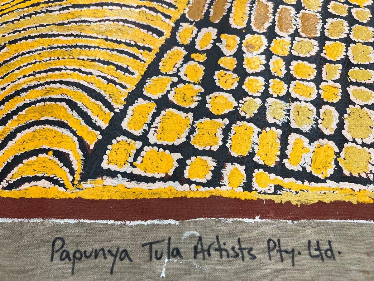 We offer an exquisite Aboriginal artwork created by Tjunkiya Napaltjarri (1927-2009) in 2002, sourced from the Papunya Tula Art Center. Her work can be found in the collections of the Musée du Quai Branly. This painting comes with a certificate of
