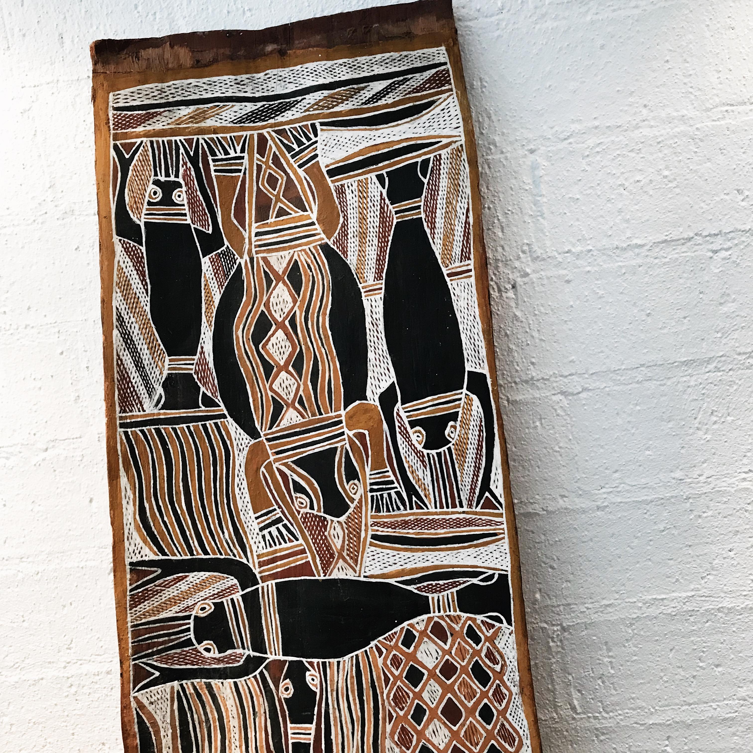 Tribal Aboriginal Stream Painting by Bulambi, Natural Earth Pigments on Eucalyptus Bark For Sale