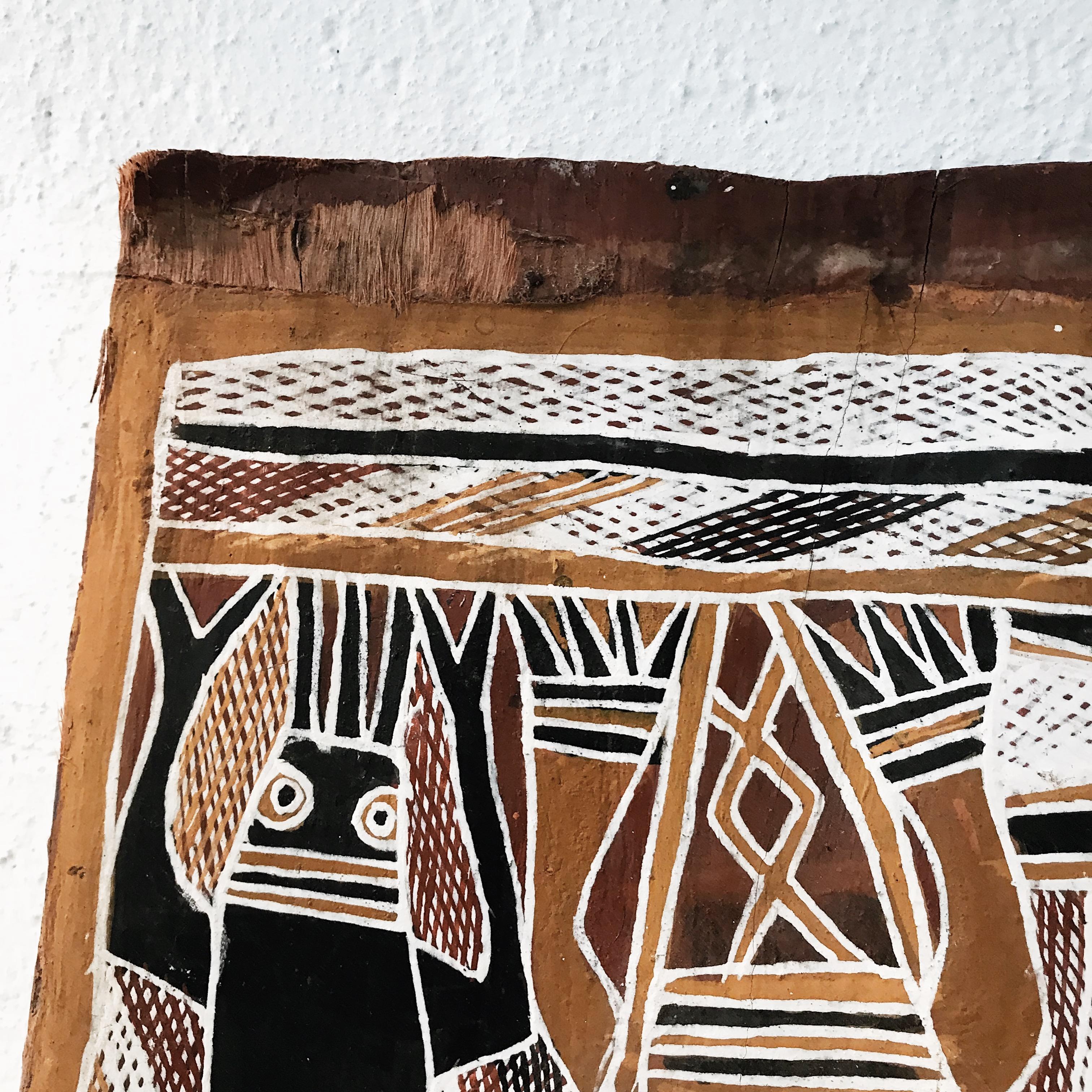 Australian Aboriginal Stream Painting by Bulambi, Natural Earth Pigments on Eucalyptus Bark For Sale
