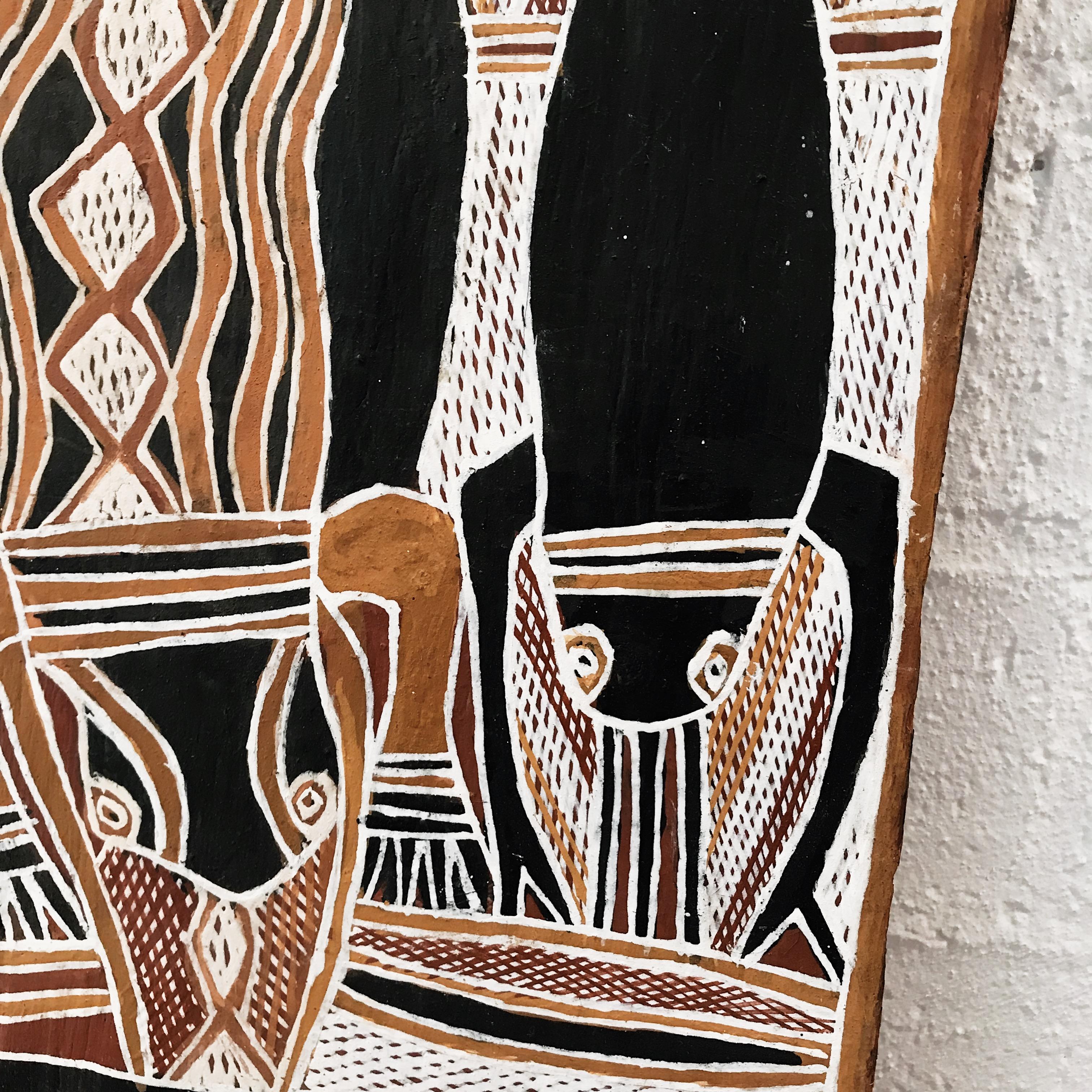 Painted Aboriginal Stream Painting by Bulambi, Natural Earth Pigments on Eucalyptus Bark For Sale