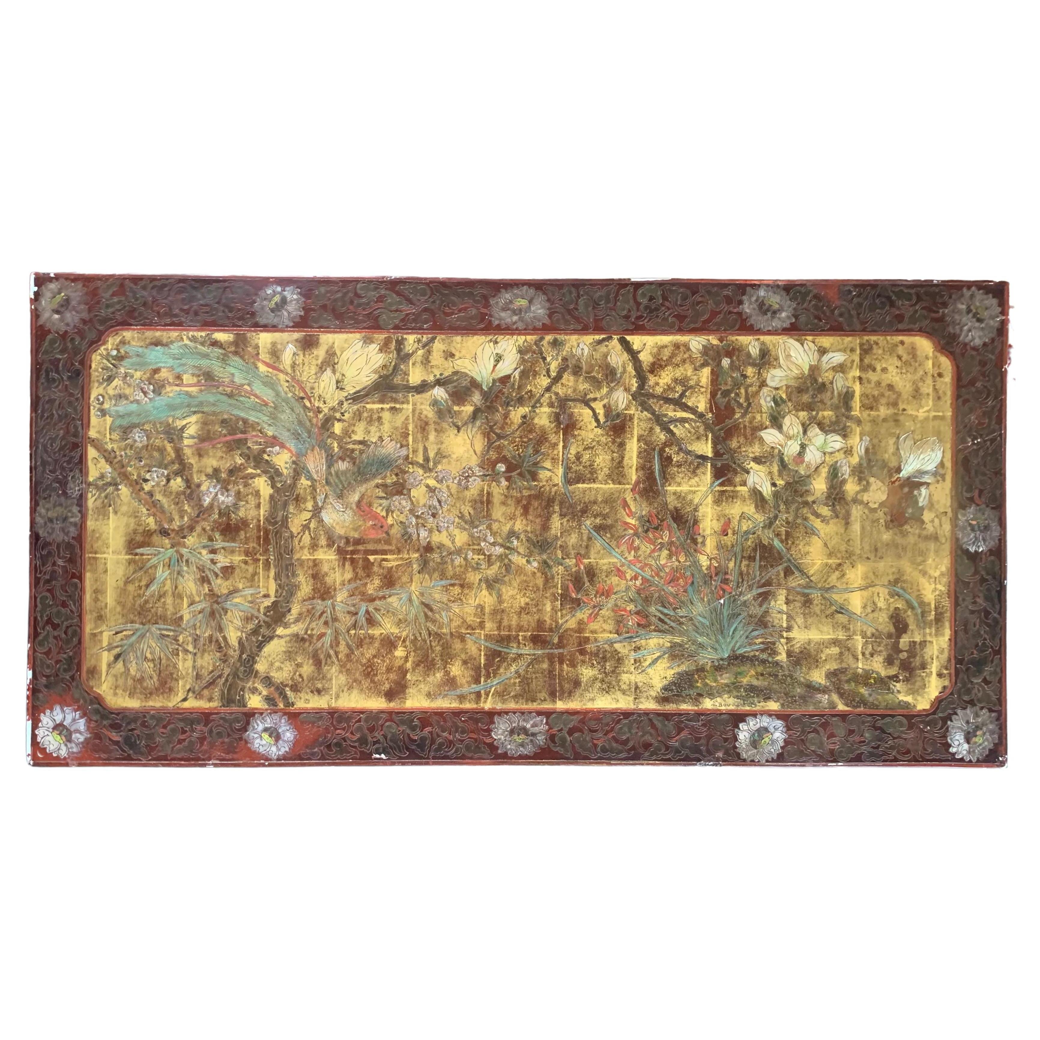 Chinesisch inspiriertes lackiertes Tafelpaneel von A.Bouverat, handbemalt, 20. Jahrhundert