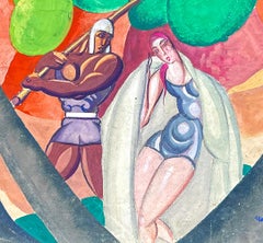 "Above the Beach, " Art Deco Painting of Bather and Rower, Emerald & Cobalt Hues