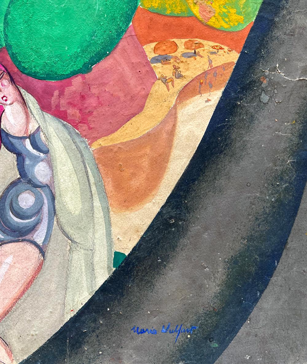 Art-Déco-Gemälde „Above the Beach“, Badender und Reiter, Smaragd- und Kobaltfarben (Französisch) im Angebot